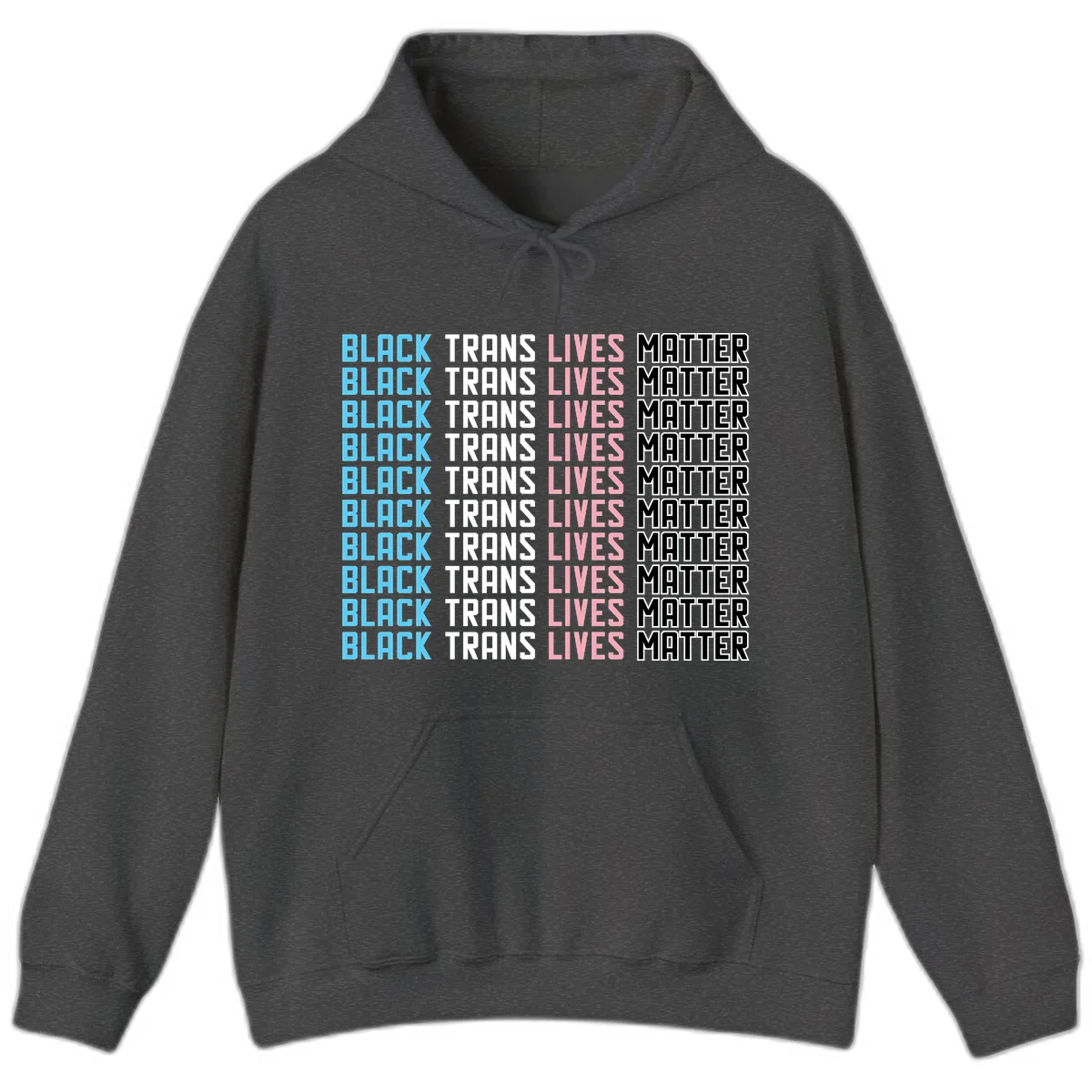 Black trans lives matter repeating text pattern in blue, white, pink and black on gray background in Dark Heather