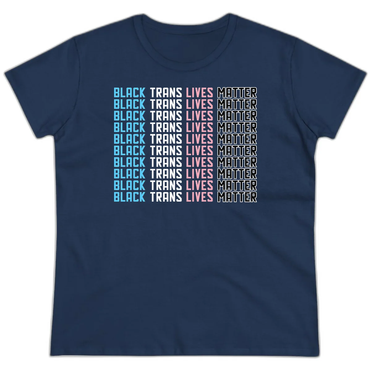 Black trans lives matter repeating text pattern in blue, white, pink and black on gray background in Navy