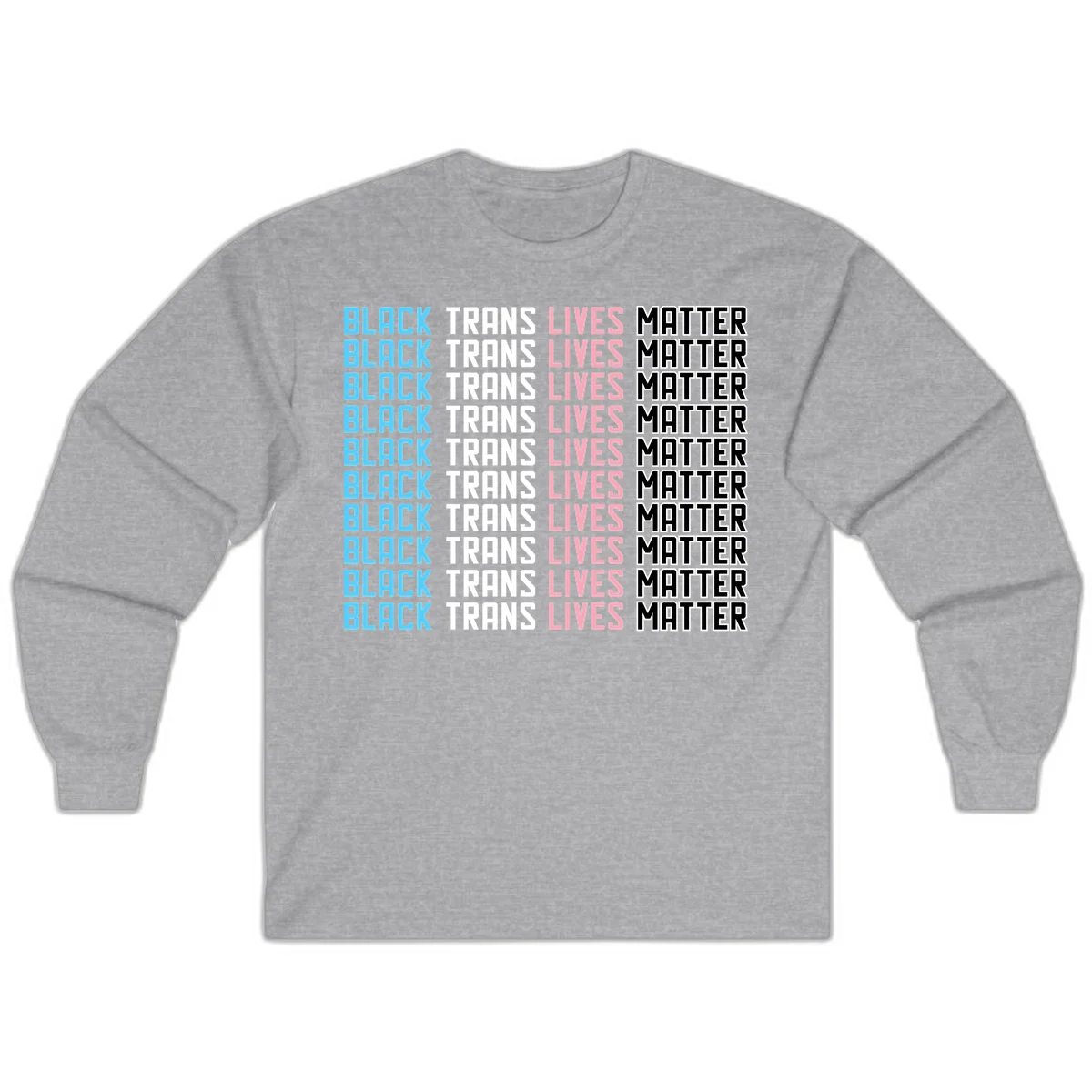 Black trans lives matter repeating text pattern in blue, white, pink and black on gray background in Sport Grey