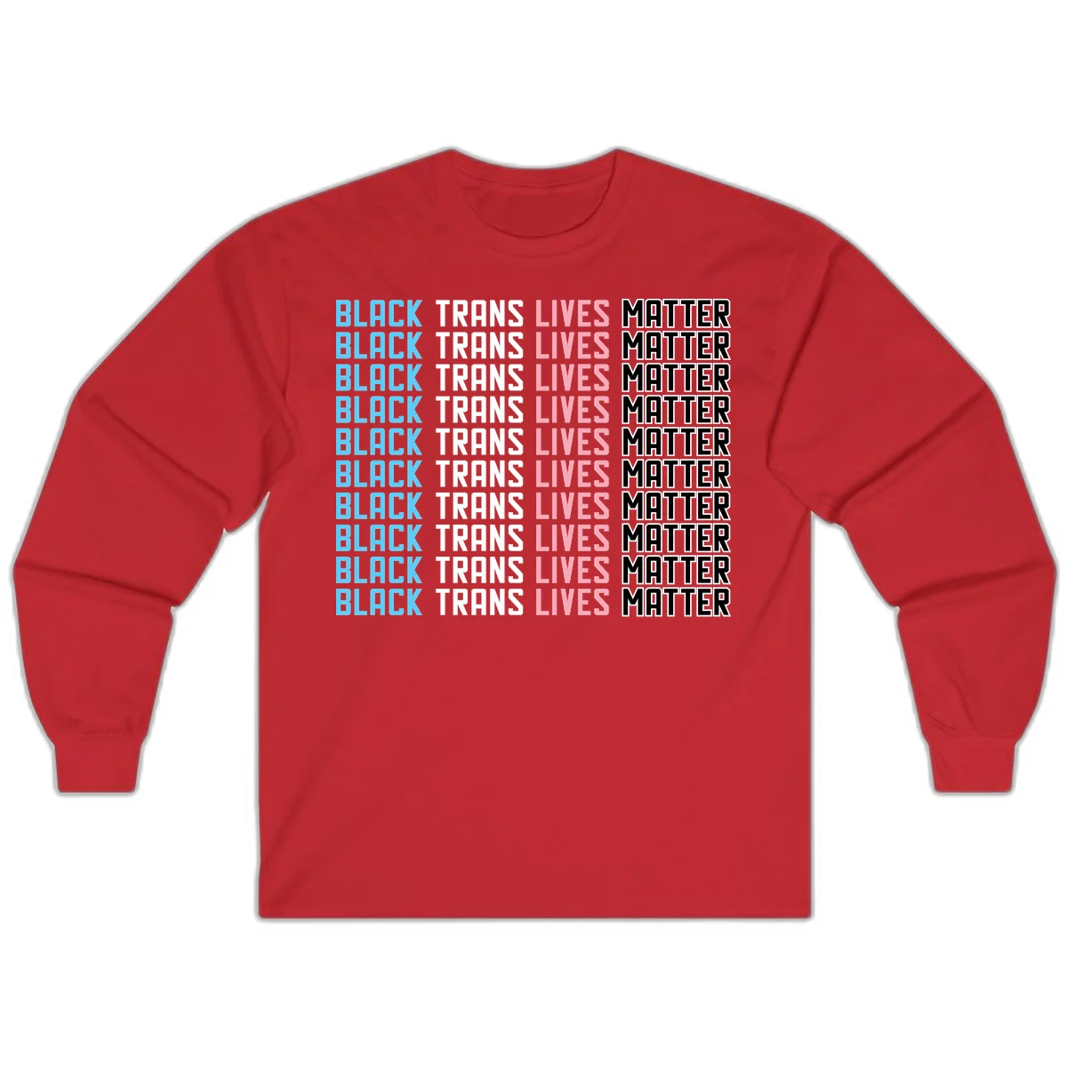 Black trans lives matter repeating text pattern in blue, white, pink and black on gray background in Red