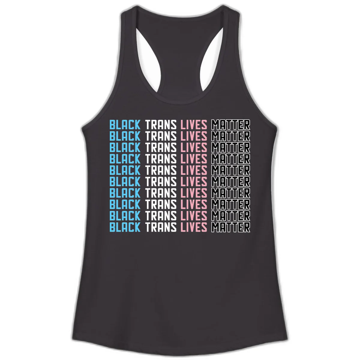 Black trans lives matter repeating text pattern in blue, white, pink and black on gray background in Black