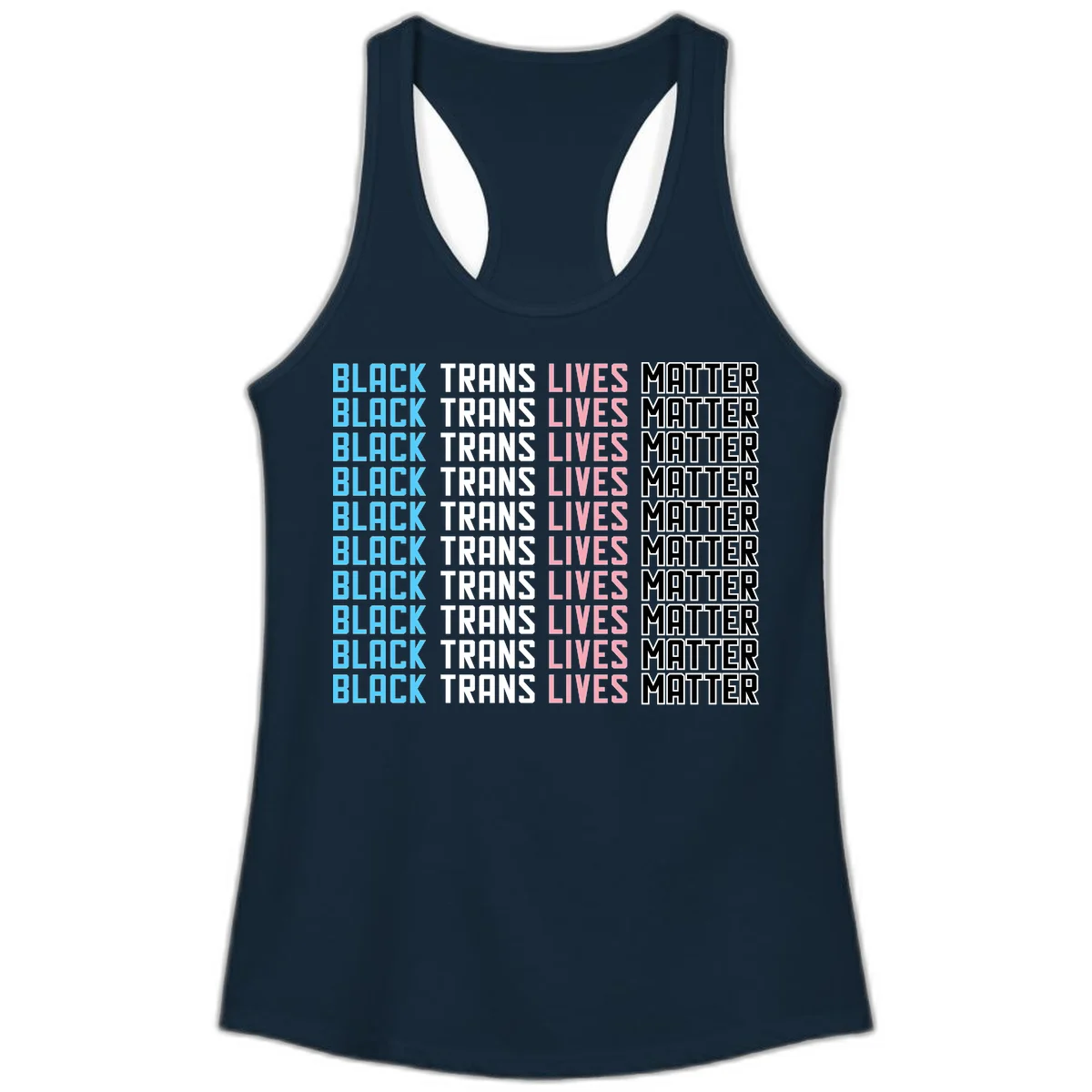 Black trans lives matter repeating text pattern in blue, white, pink and black on gray background in Solid Midnight Navy