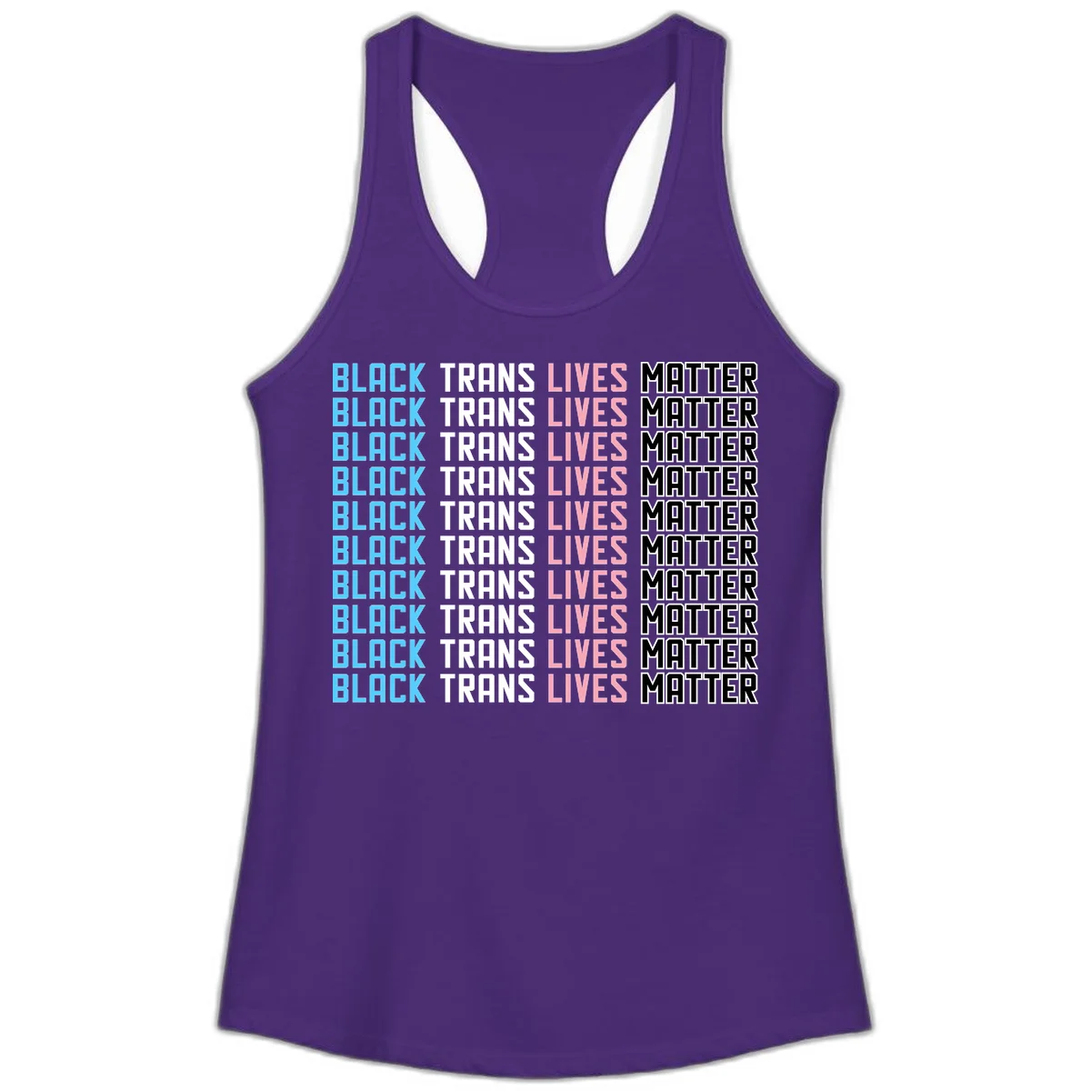 Black trans lives matter repeating text pattern in blue, white, pink and black on gray background in Solid Purple Rush