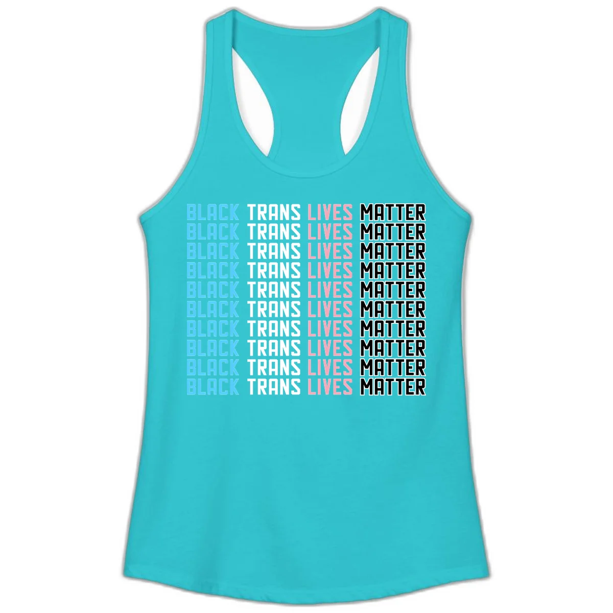 Black trans lives matter repeating text pattern in blue, white, pink and black on gray background in Solid Tahiti Blue