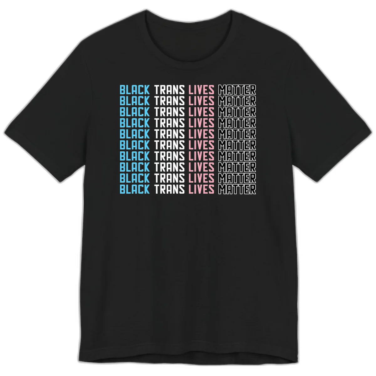 Black trans lives matter repeating text pattern in blue, white, pink and black on gray background in Black