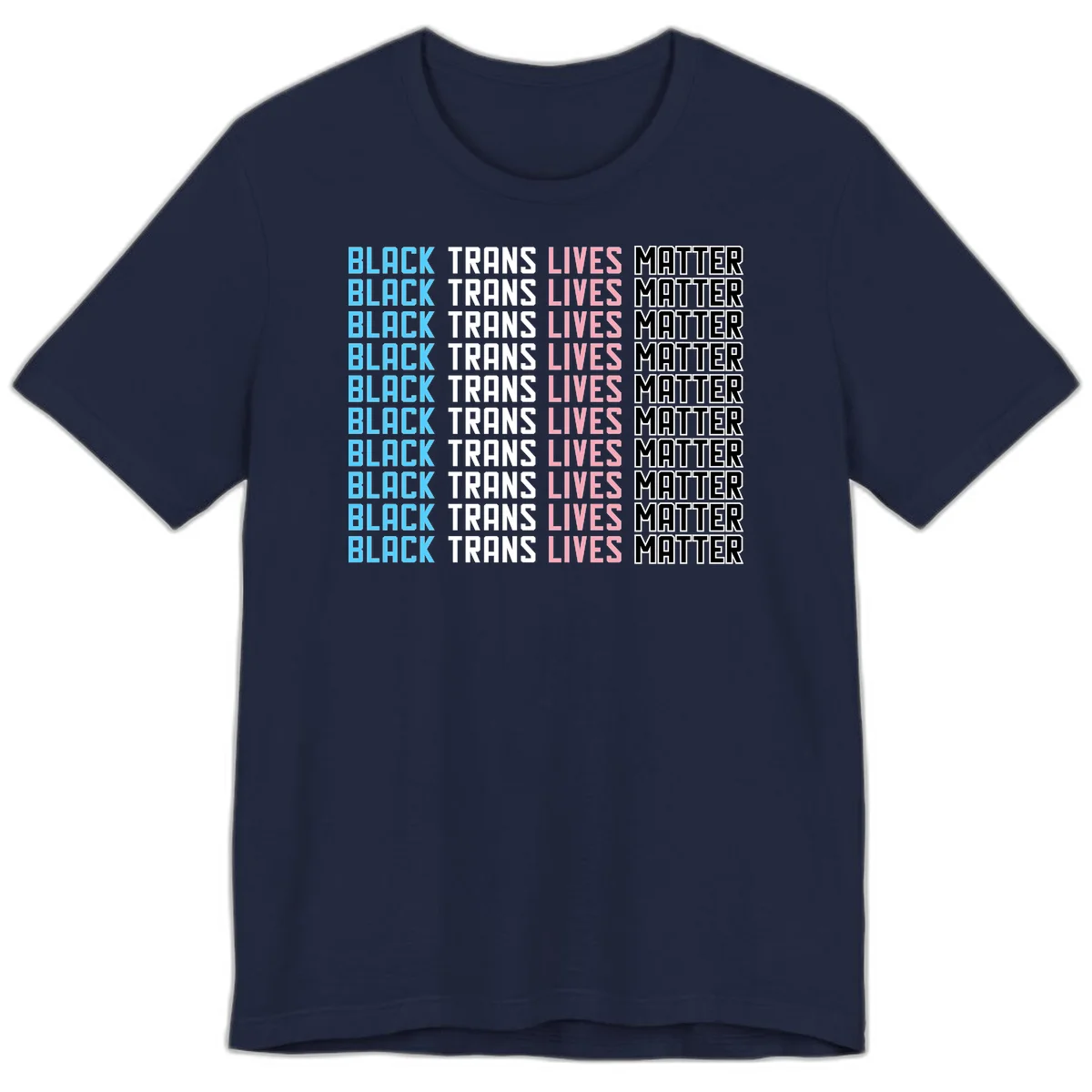 Black trans lives matter repeating text pattern in blue, white, pink and black on gray background in Navy