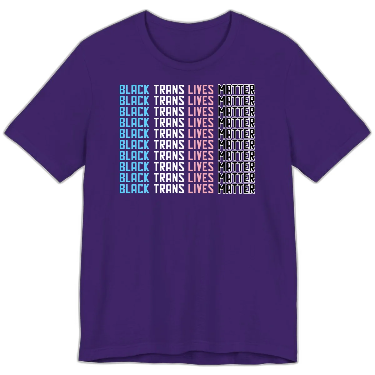 Black trans lives matter repeating text pattern in blue, white, pink and black on gray background in Team Purple