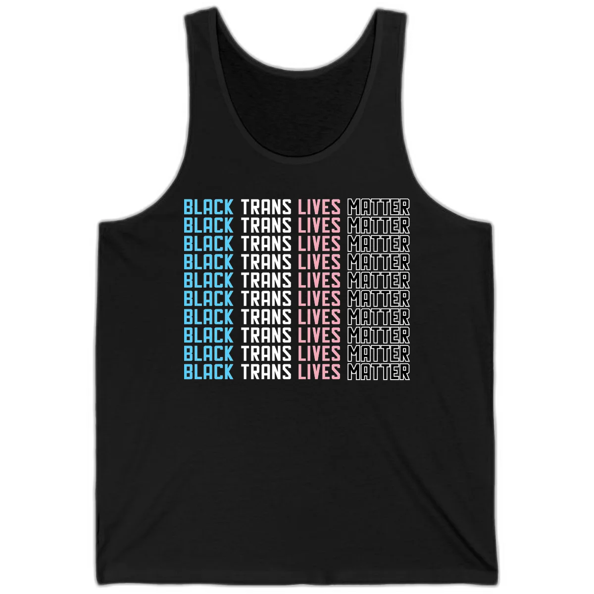 Black trans lives matter repeating text pattern in blue, white, pink and black on gray background in Black
