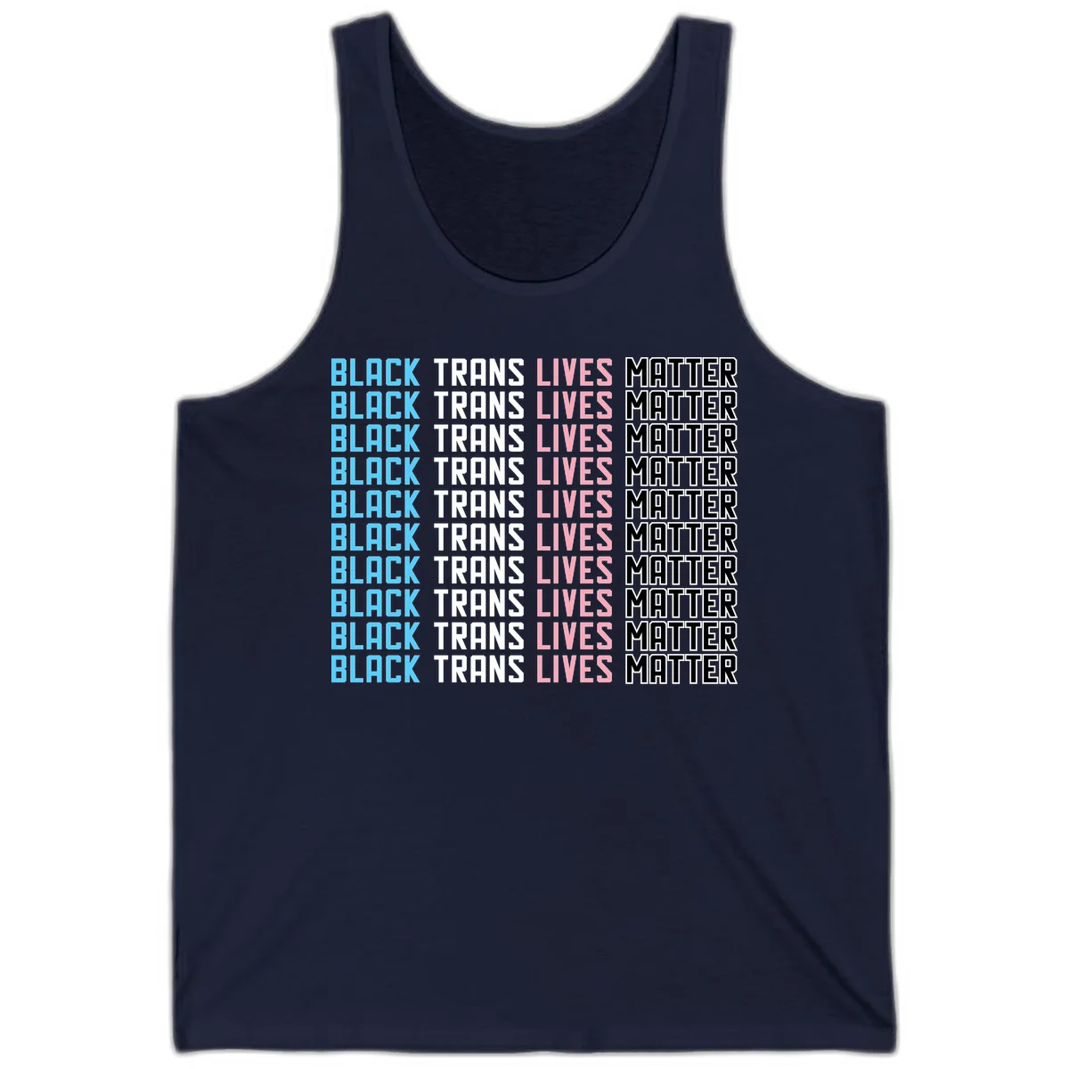 Black trans lives matter repeating text pattern in blue, white, pink and black on gray background in Navy
