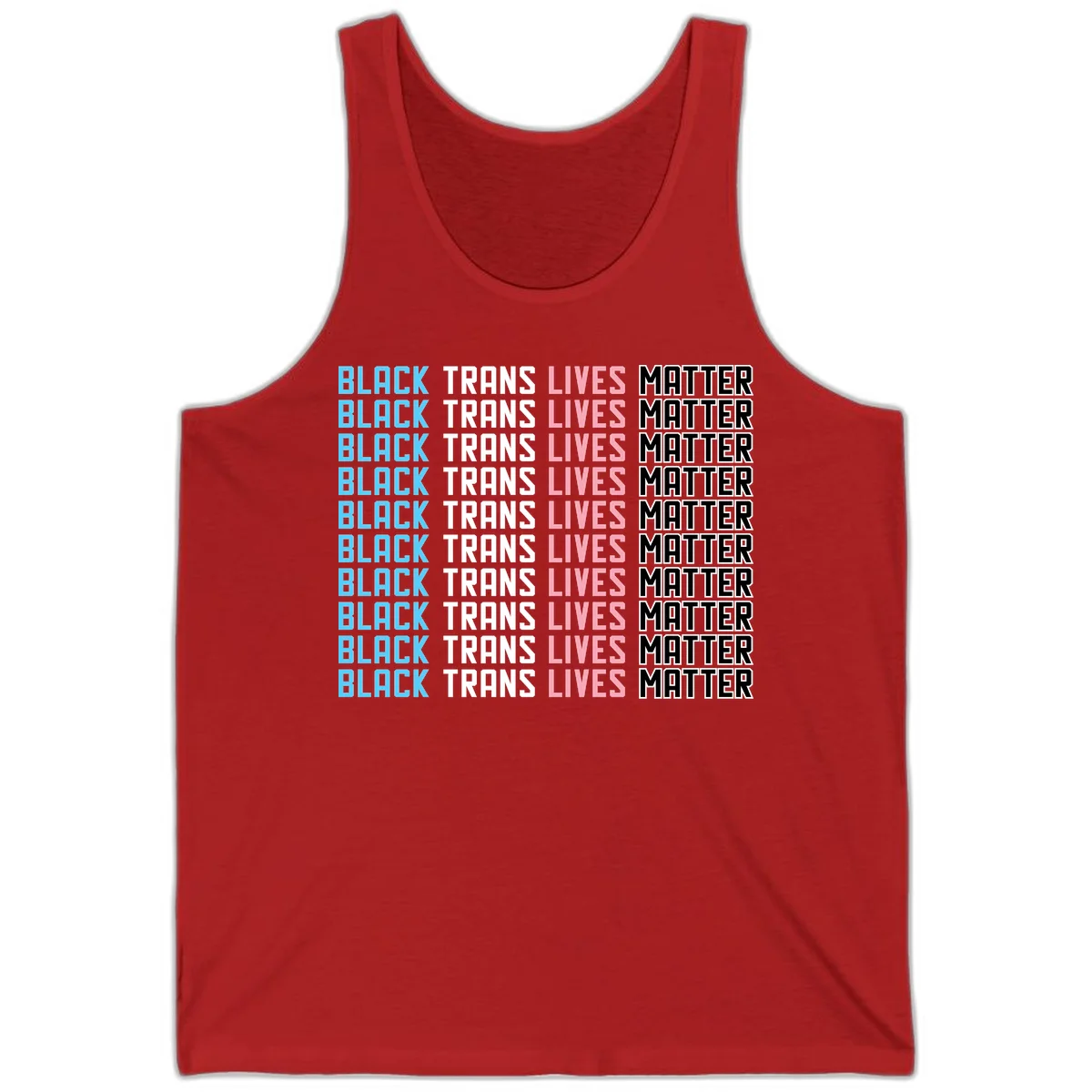 Black trans lives matter repeating text pattern in blue, white, pink and black on gray background in Red