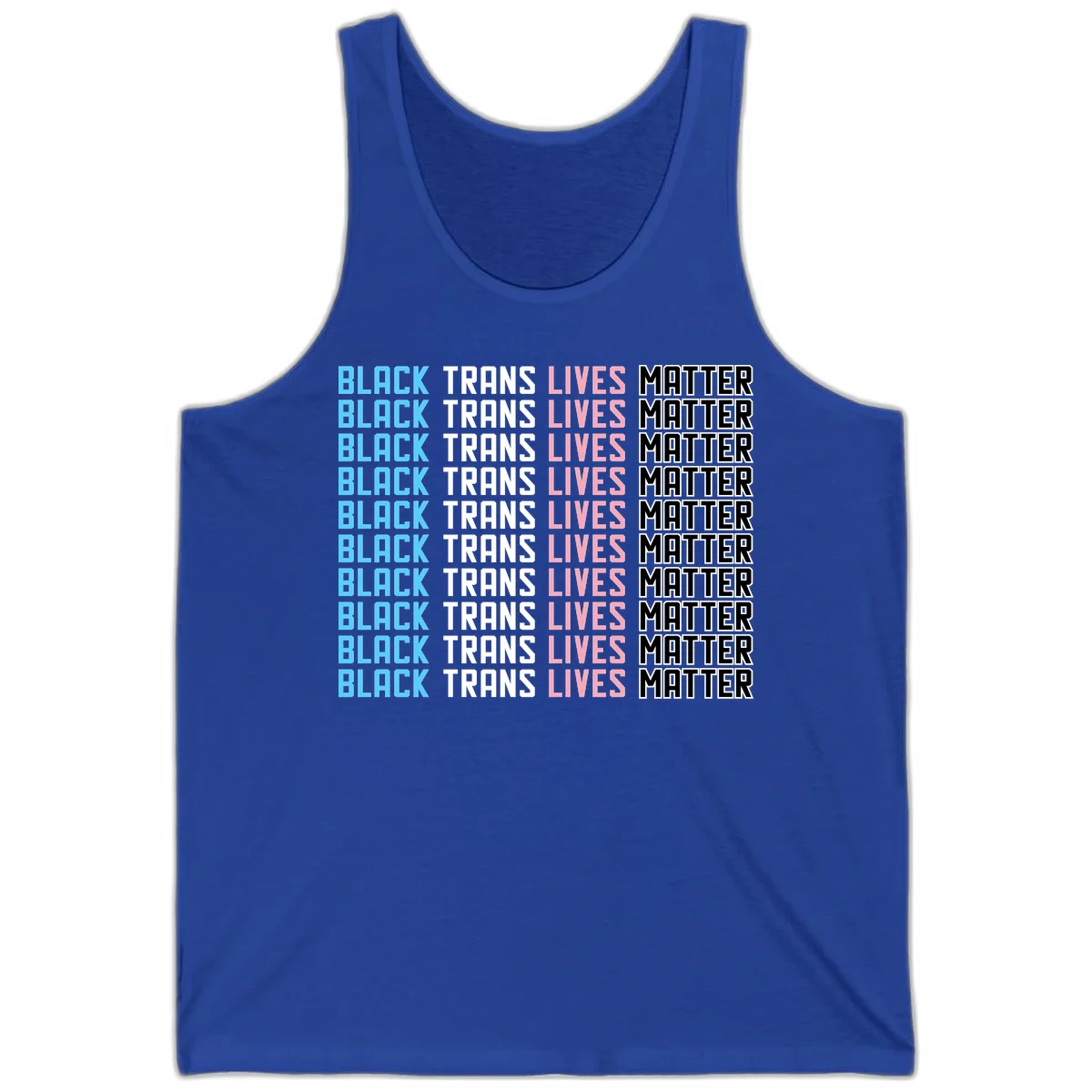 Black trans lives matter repeating text pattern in blue, white, pink and black on gray background in True Royal