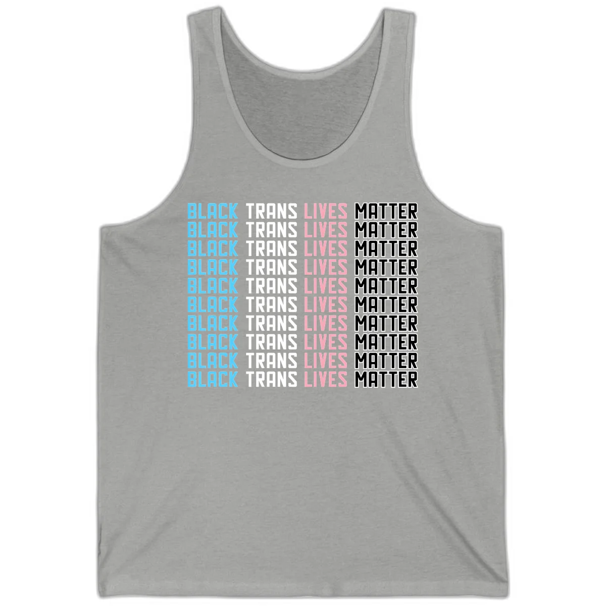Black trans lives matter repeating text pattern in blue, white, pink and black on gray background in Athletic Heather