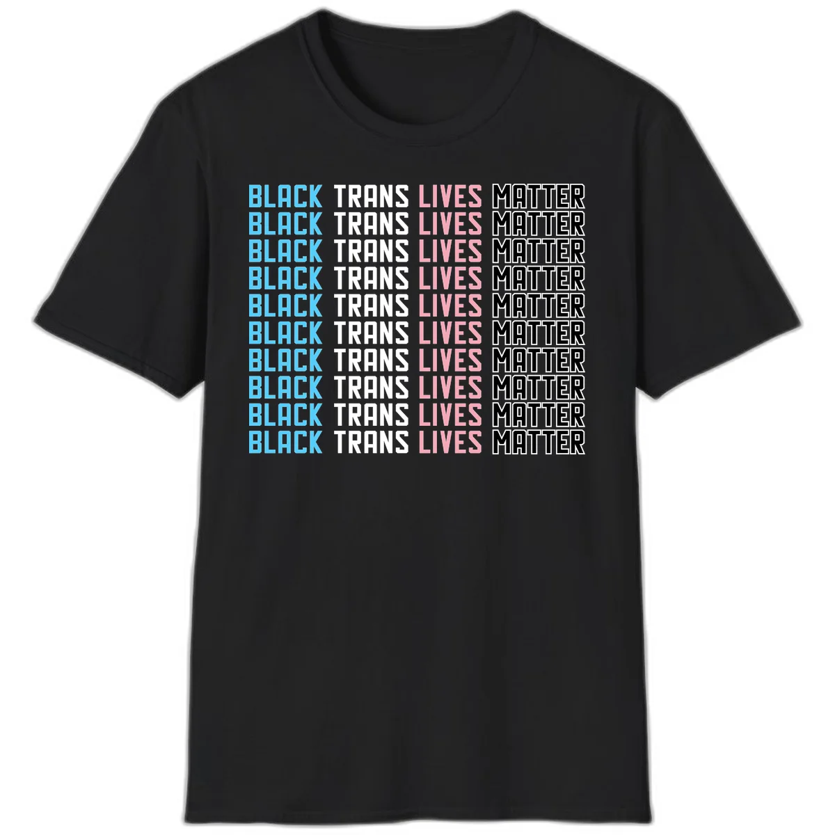 Black trans lives matter repeating text pattern in blue, white, pink and black on gray background in Black