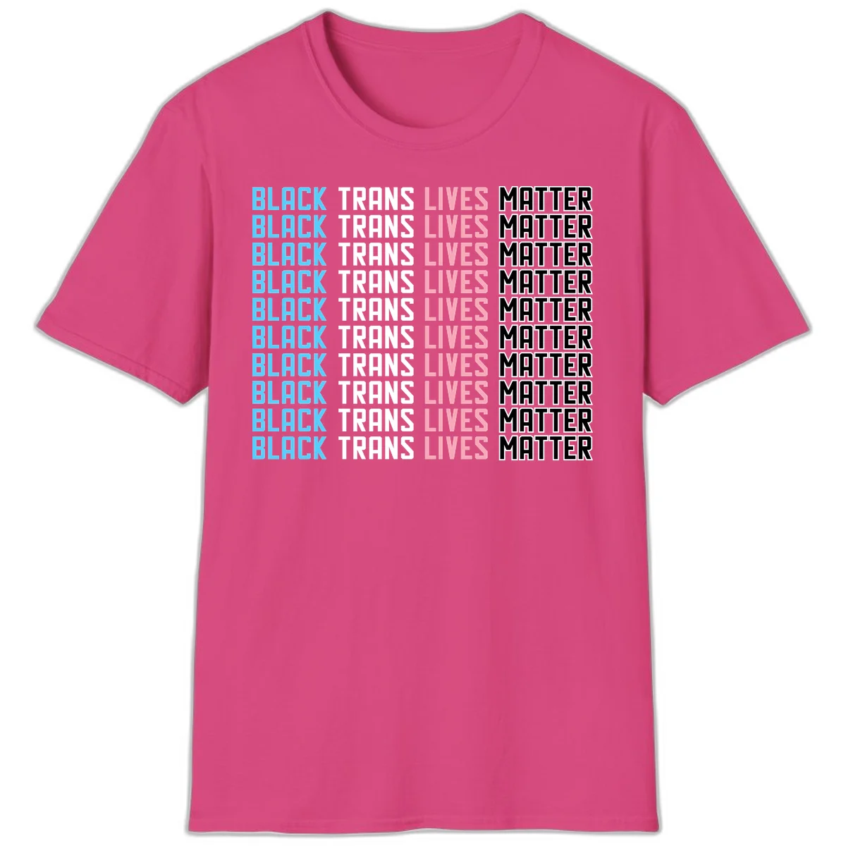 Black trans lives matter repeating text pattern in blue, white, pink and black on gray background in Heliconia