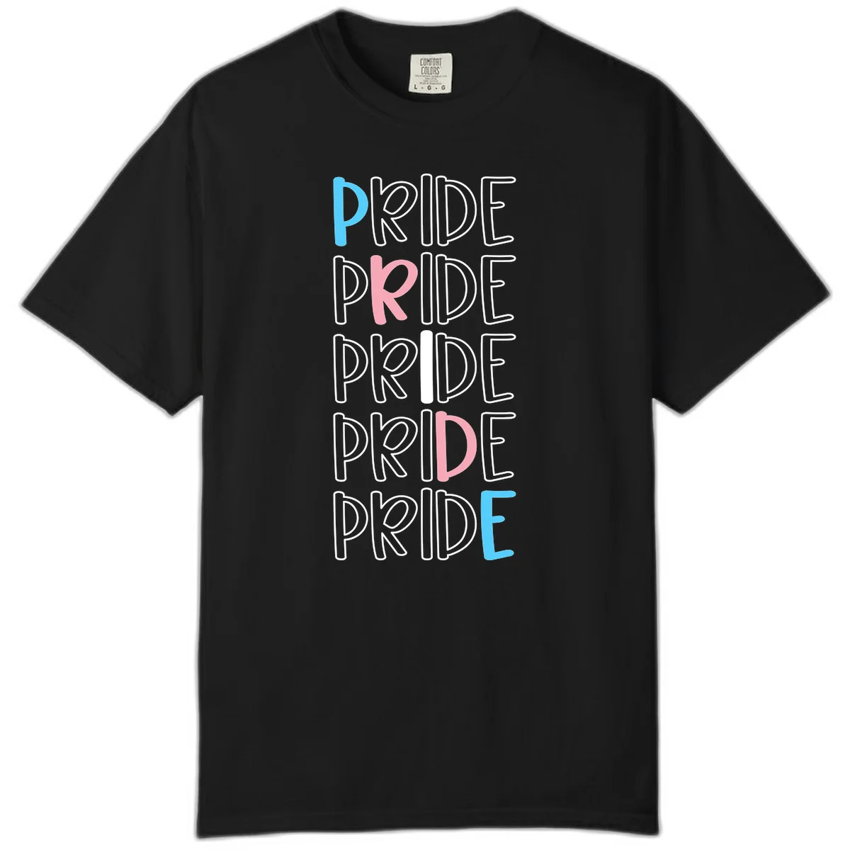 Pride stacked lettering design with the word PRIDE repeated vertically in outlined text with cyan blue and pink accent colors on gray background in Black