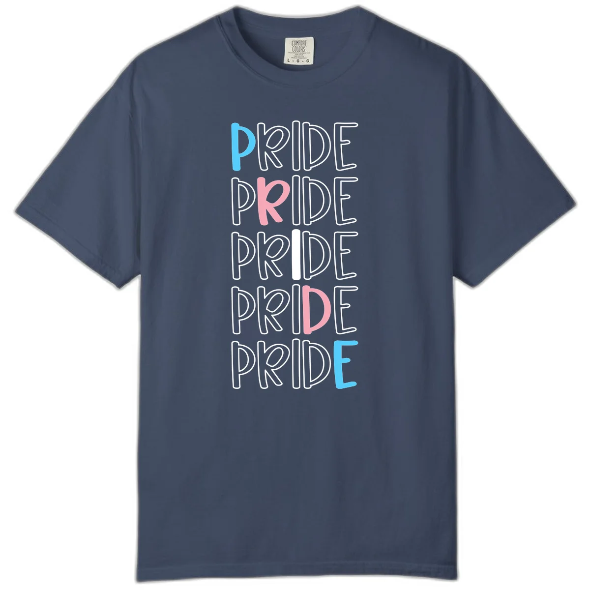 Pride stacked lettering design with the word PRIDE repeated vertically in outlined text with cyan blue and pink accent colors on gray background in Midnight