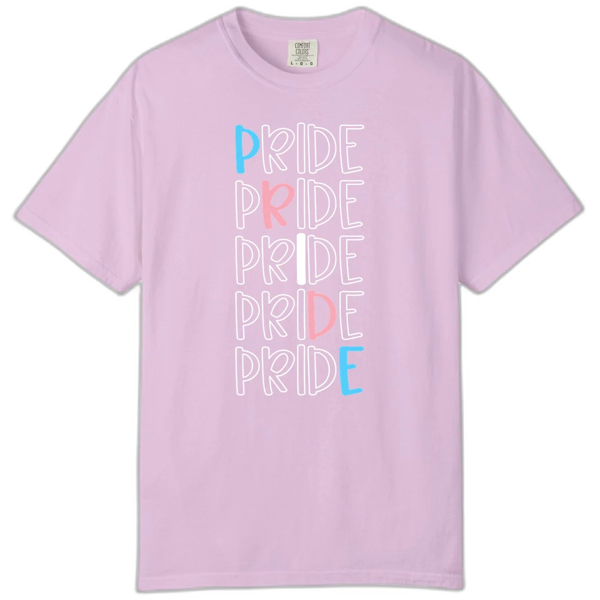 Pride stacked lettering design with the word PRIDE repeated vertically in outlined text with cyan blue and pink accent colors on gray background in Orchid