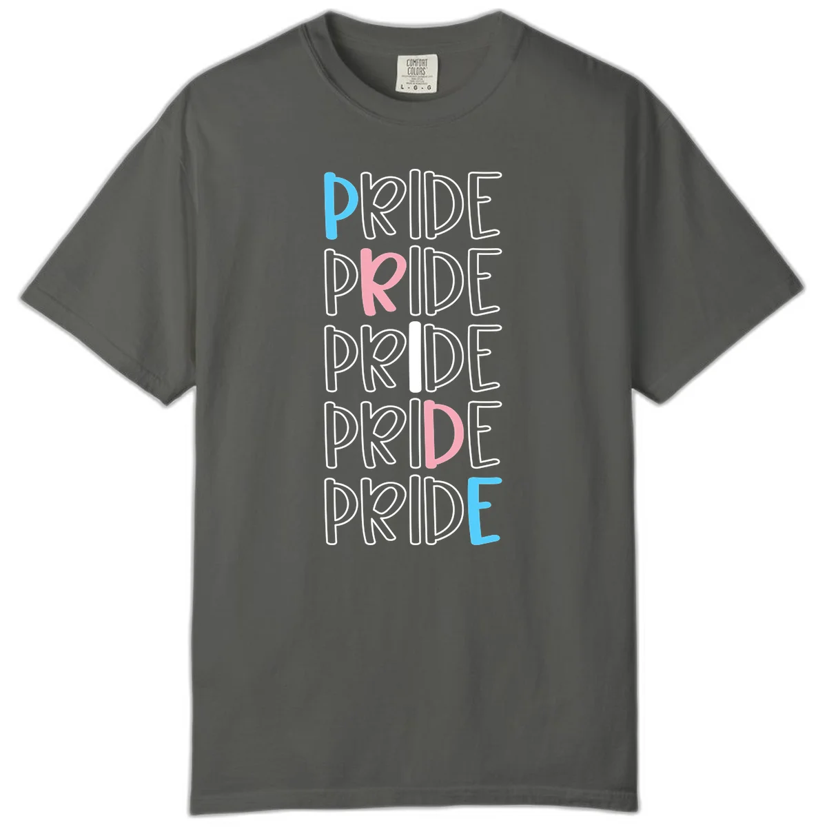 Pride stacked lettering design with the word PRIDE repeated vertically in outlined text with cyan blue and pink accent colors on gray background in Pepper