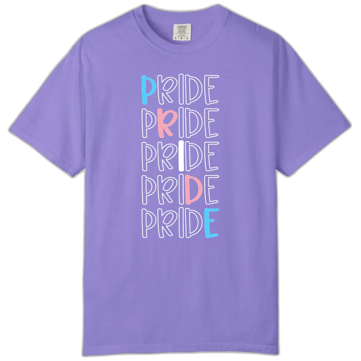 Pride stacked lettering design with the word PRIDE repeated vertically in outlined text with cyan blue and pink accent colors on gray background in Violet