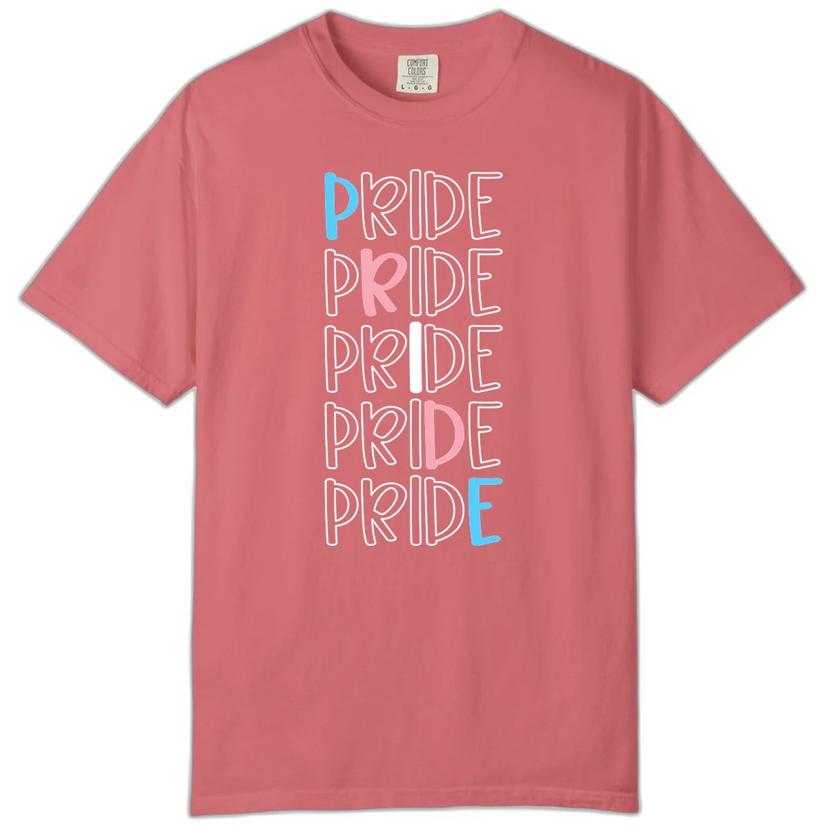 Pride stacked lettering design with the word PRIDE repeated vertically in outlined text with cyan blue and pink accent colors on gray background in Watermelon