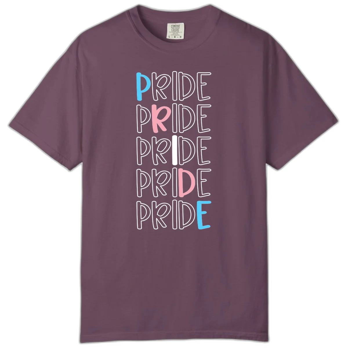 Pride stacked lettering design with the word PRIDE repeated vertically in outlined text with cyan blue and pink accent colors on gray background in Berry