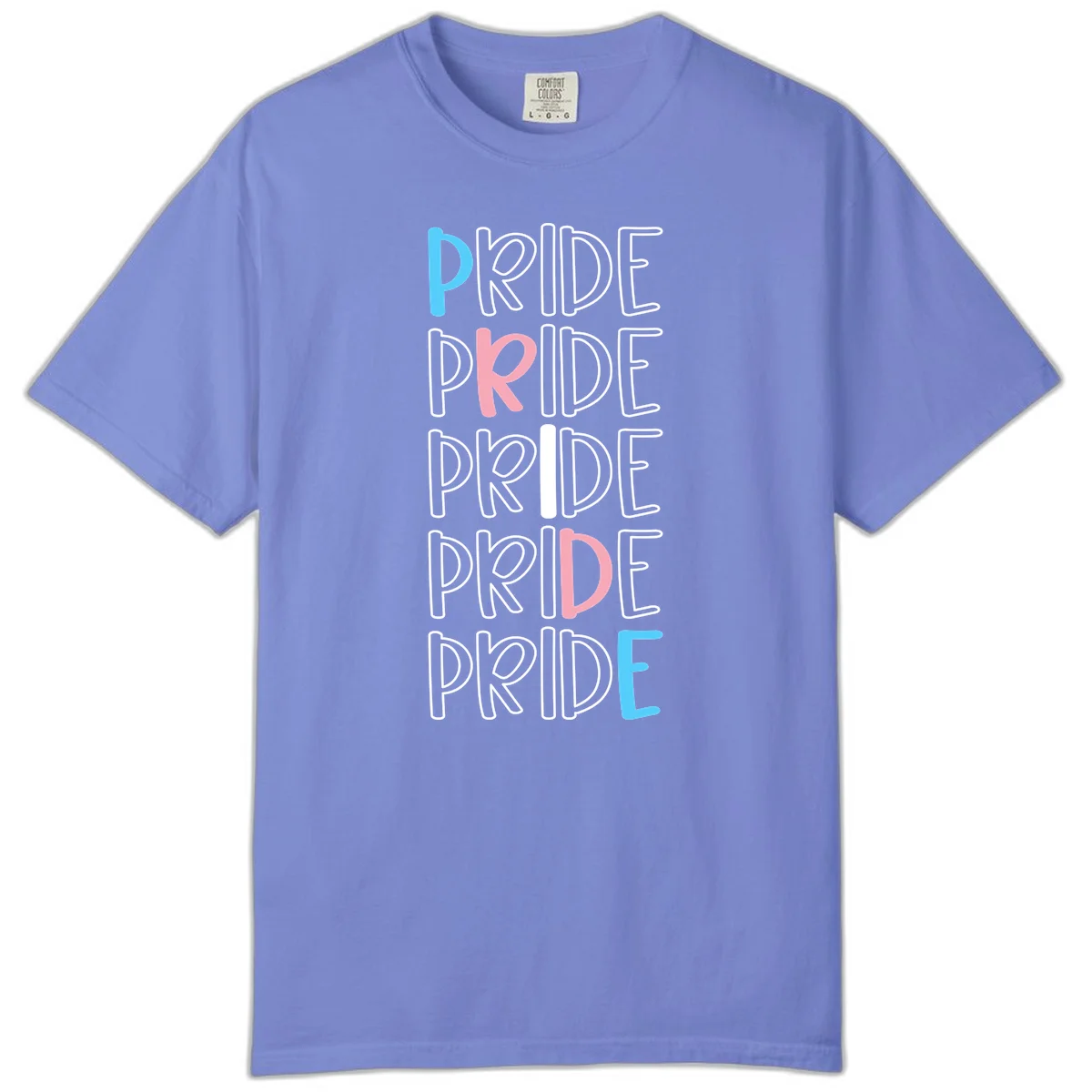Pride stacked lettering design with the word PRIDE repeated vertically in outlined text with cyan blue and pink accent colors on gray background in Flo Blue