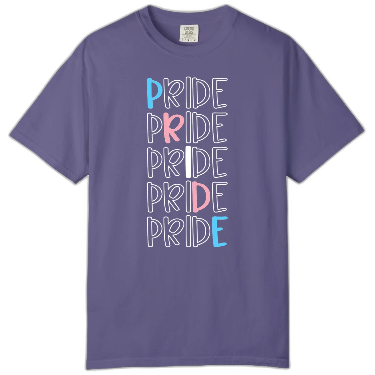 Pride stacked lettering design with the word PRIDE repeated vertically in outlined text with cyan blue and pink accent colors on gray background in Grape