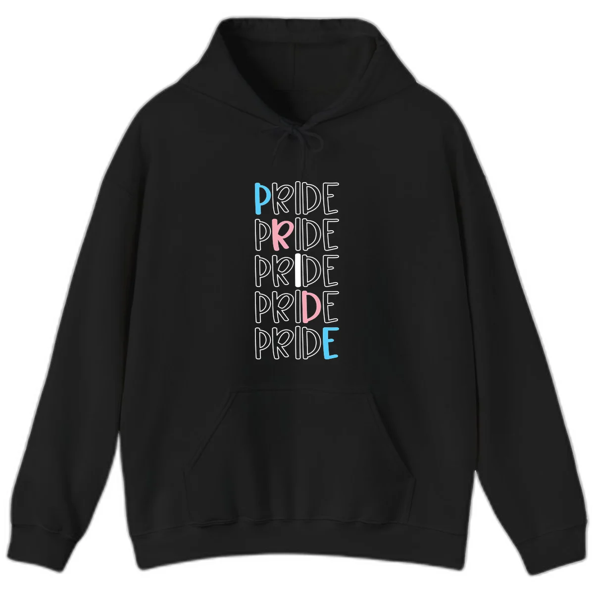 Pride stacked lettering design with the word PRIDE repeated vertically in outlined text with cyan blue and pink accent colors on gray background in Black