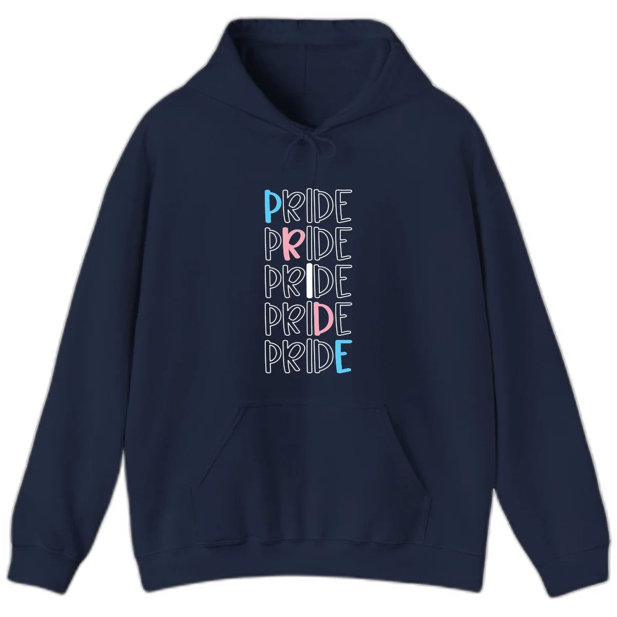 Pride stacked lettering design with the word PRIDE repeated vertically in outlined text with cyan blue and pink accent colors on gray background in Navy