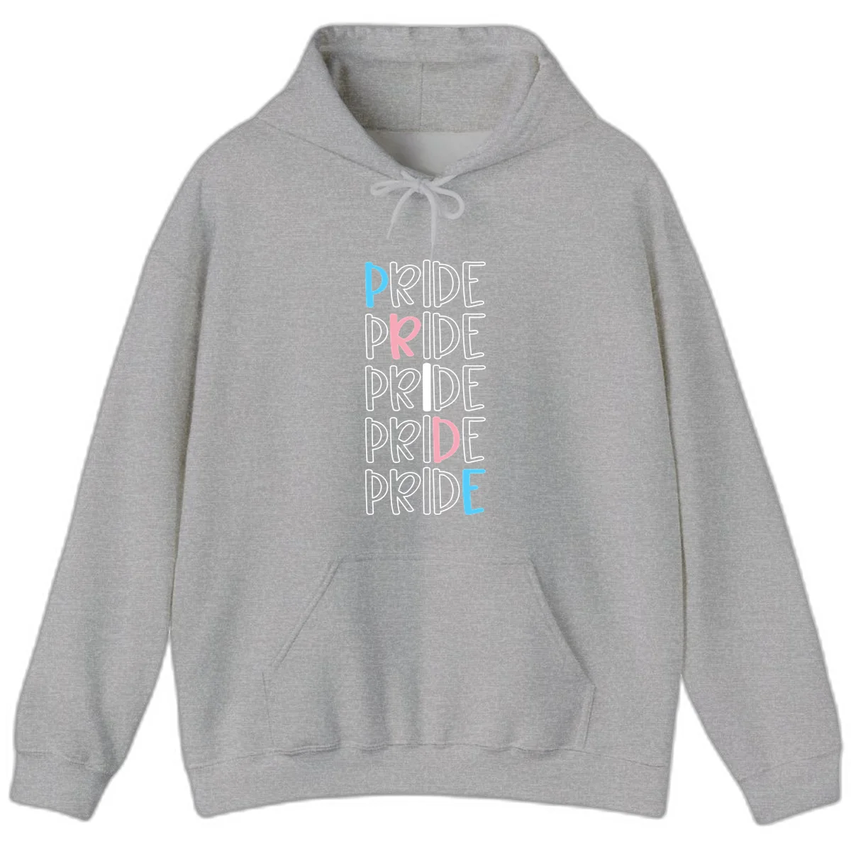 Pride stacked lettering design with the word PRIDE repeated vertically in outlined text with cyan blue and pink accent colors on gray background in Sport Grey