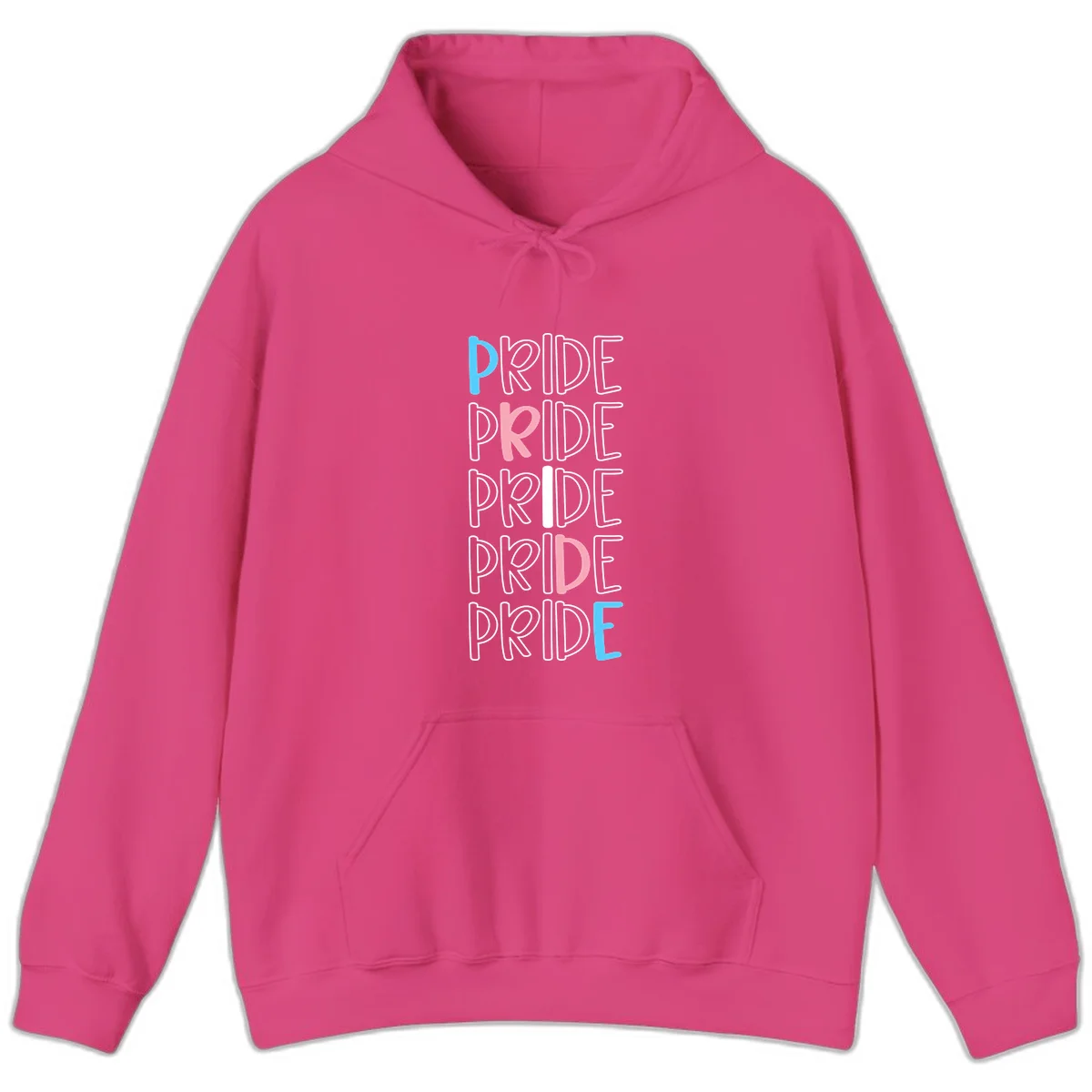 Pride stacked lettering design with the word PRIDE repeated vertically in outlined text with cyan blue and pink accent colors on gray background in Heliconia