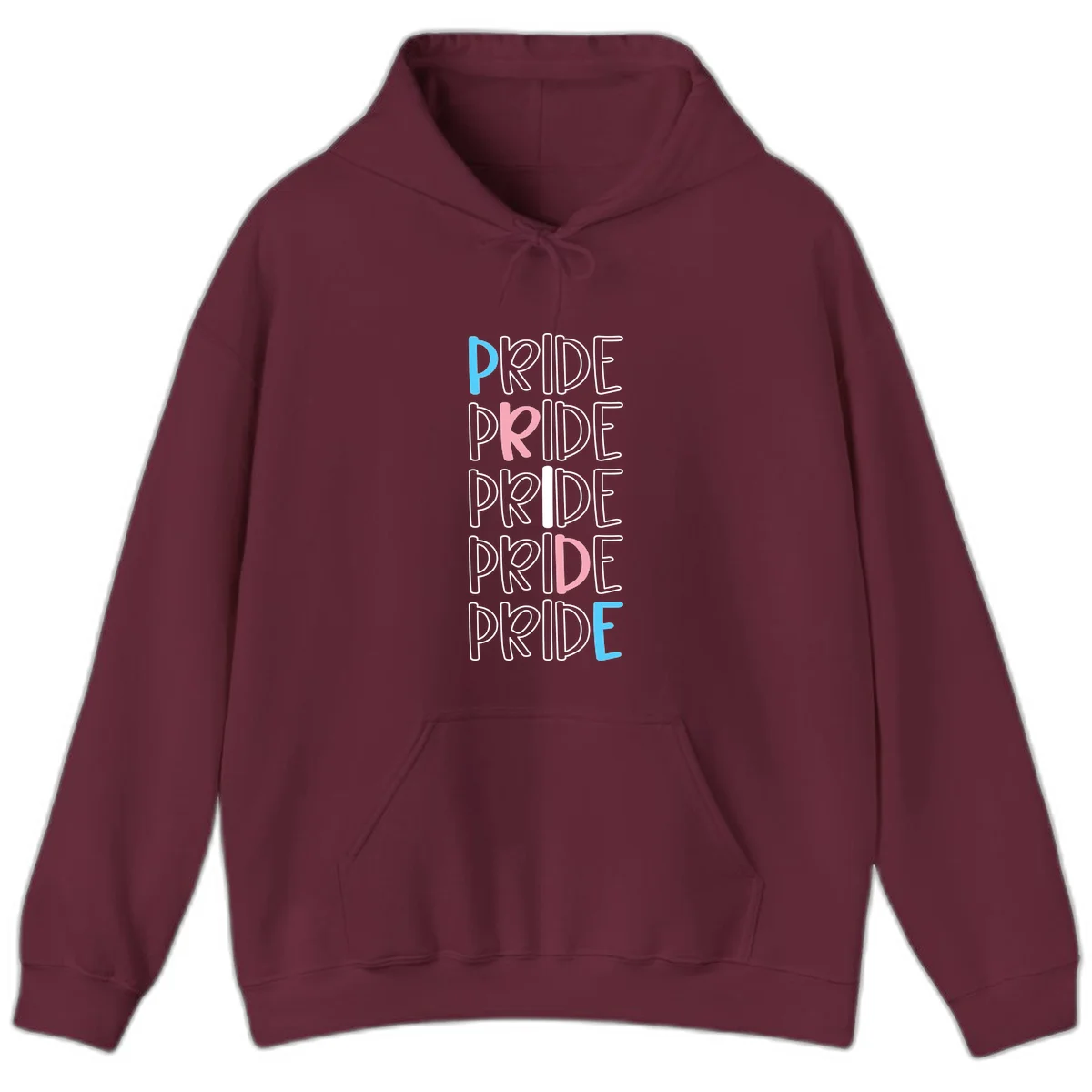 Pride stacked lettering design with the word PRIDE repeated vertically in outlined text with cyan blue and pink accent colors on gray background in Maroon
