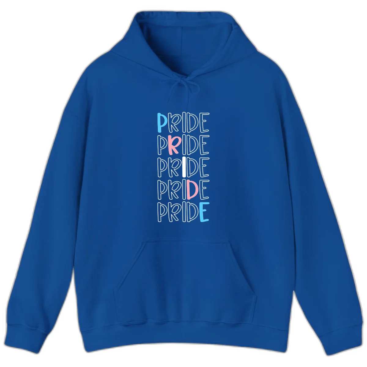 Pride stacked lettering design with the word PRIDE repeated vertically in outlined text with cyan blue and pink accent colors on gray background in Royal