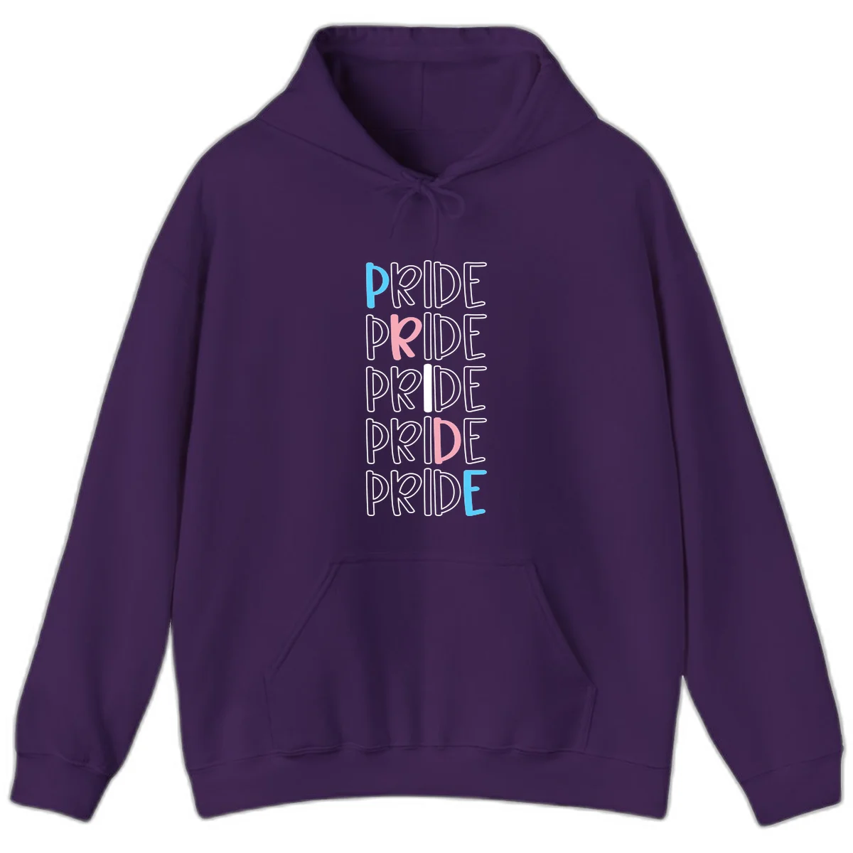 Pride stacked lettering design with the word PRIDE repeated vertically in outlined text with cyan blue and pink accent colors on gray background in Purple