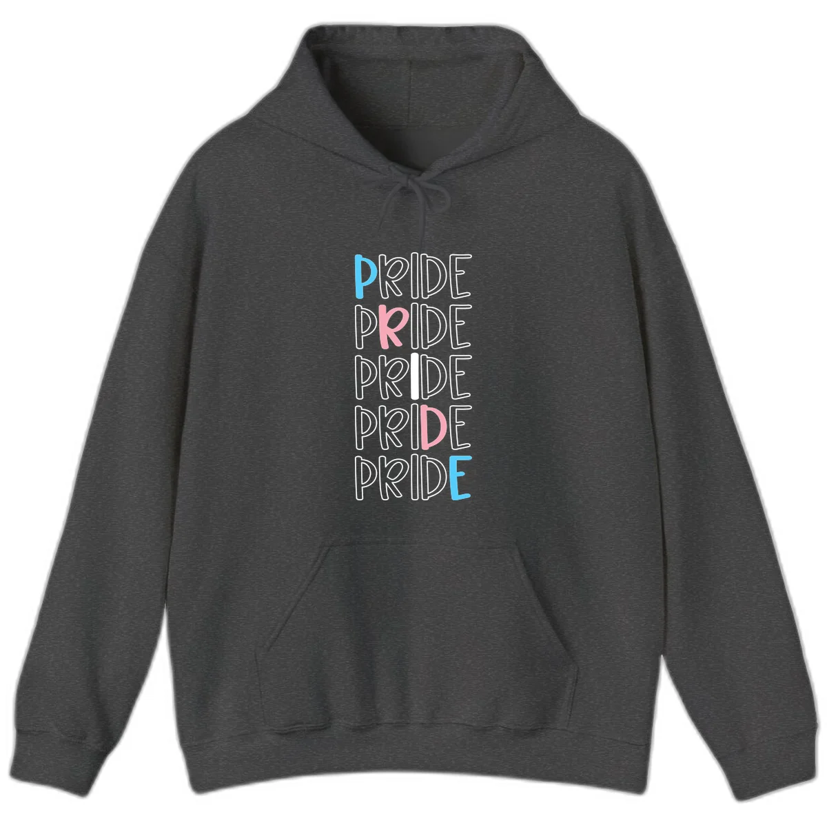 Pride stacked lettering design with the word PRIDE repeated vertically in outlined text with cyan blue and pink accent colors on gray background in Dark Heather