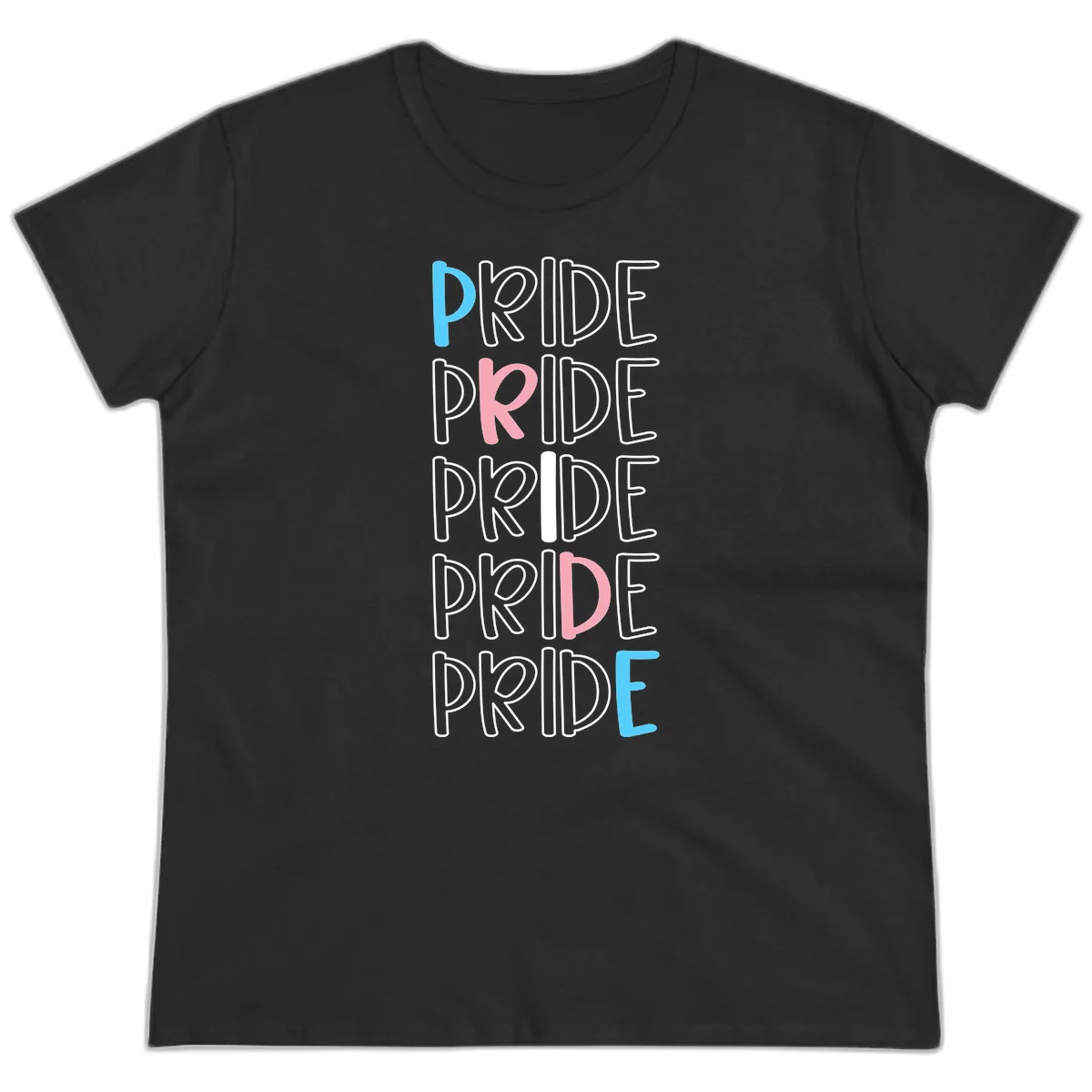 Pride stacked lettering design with the word PRIDE repeated vertically in outlined text with cyan blue and pink accent colors on gray background in Black