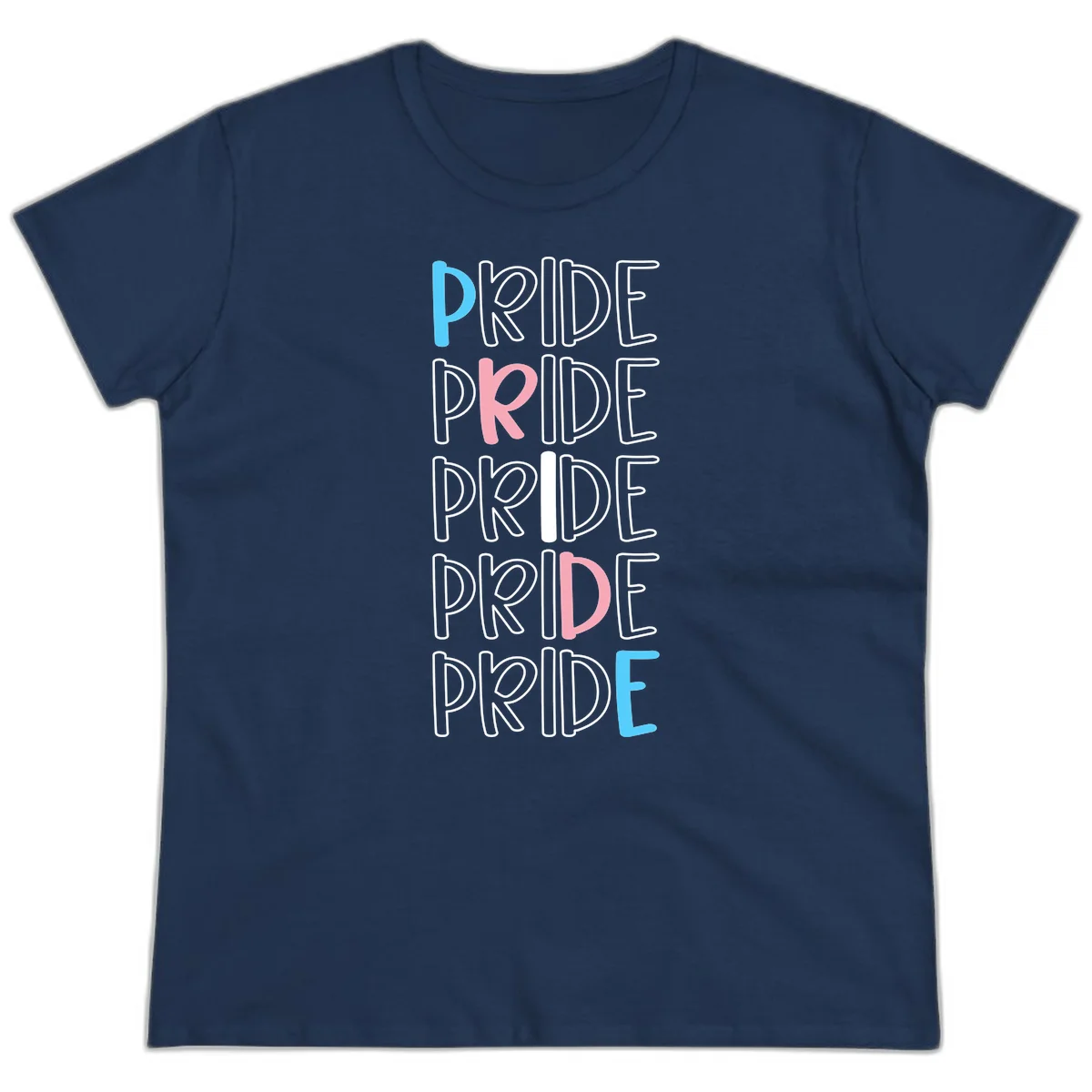 Pride stacked lettering design with the word PRIDE repeated vertically in outlined text with cyan blue and pink accent colors on gray background in Navy