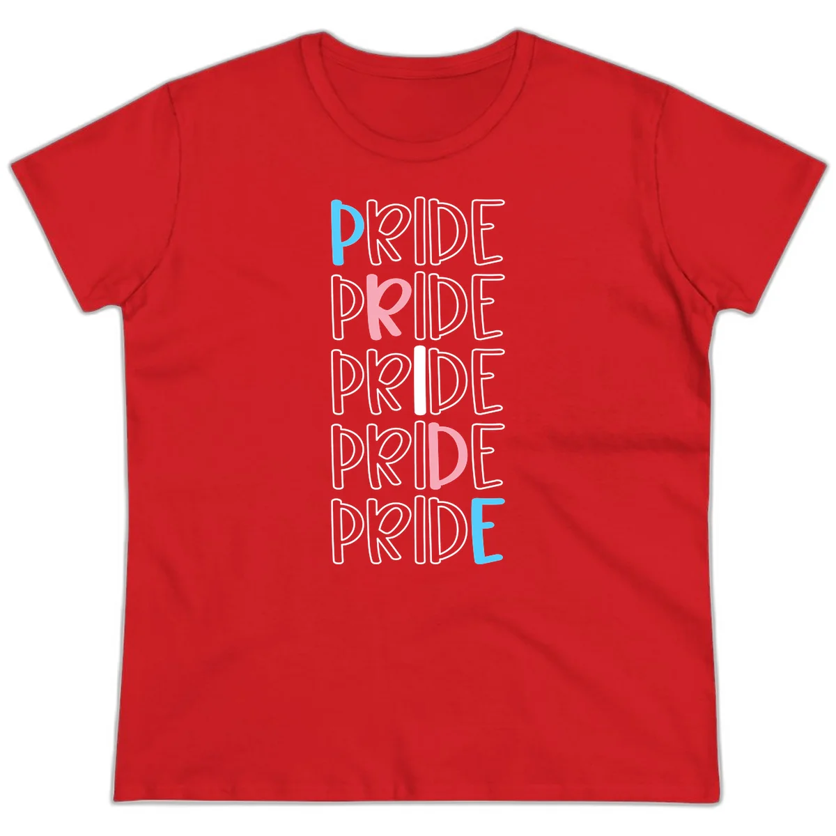 Pride stacked lettering design with the word PRIDE repeated vertically in outlined text with cyan blue and pink accent colors on gray background in Red