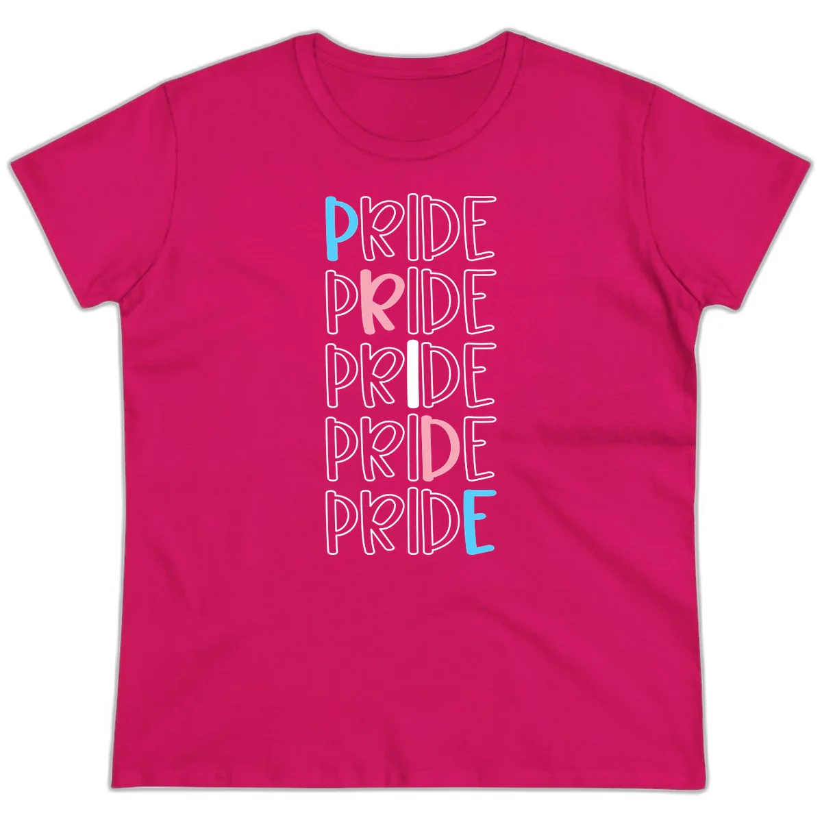 Pride stacked lettering design with the word PRIDE repeated vertically in outlined text with cyan blue and pink accent colors on gray background in Heliconia