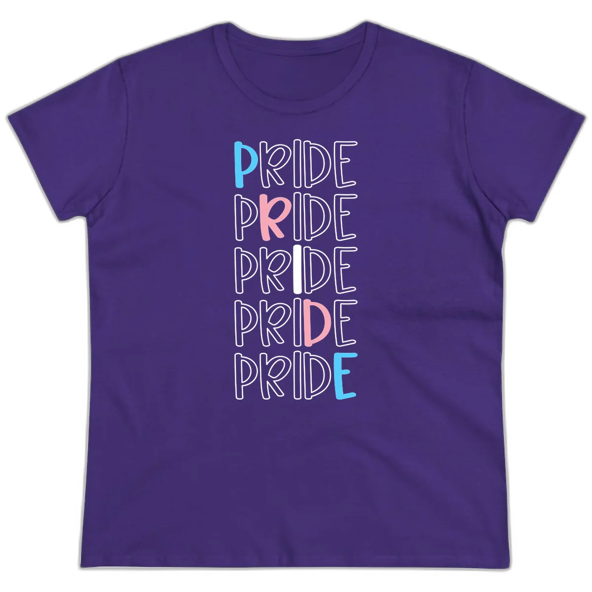 Pride stacked lettering design with the word PRIDE repeated vertically in outlined text with cyan blue and pink accent colors on gray background in Purple