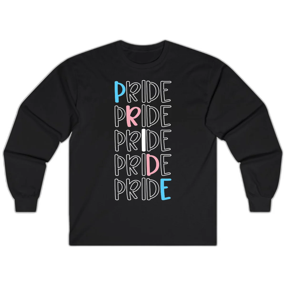 Pride stacked lettering design with the word PRIDE repeated vertically in outlined text with cyan blue and pink accent colors on gray background in Black