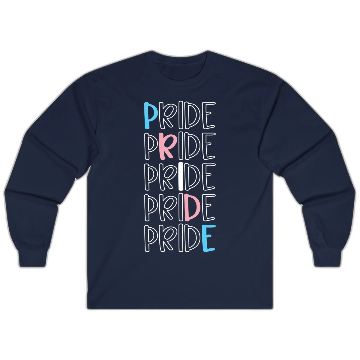 Pride stacked lettering design with the word PRIDE repeated vertically in outlined text with cyan blue and pink accent colors on gray background in Navy