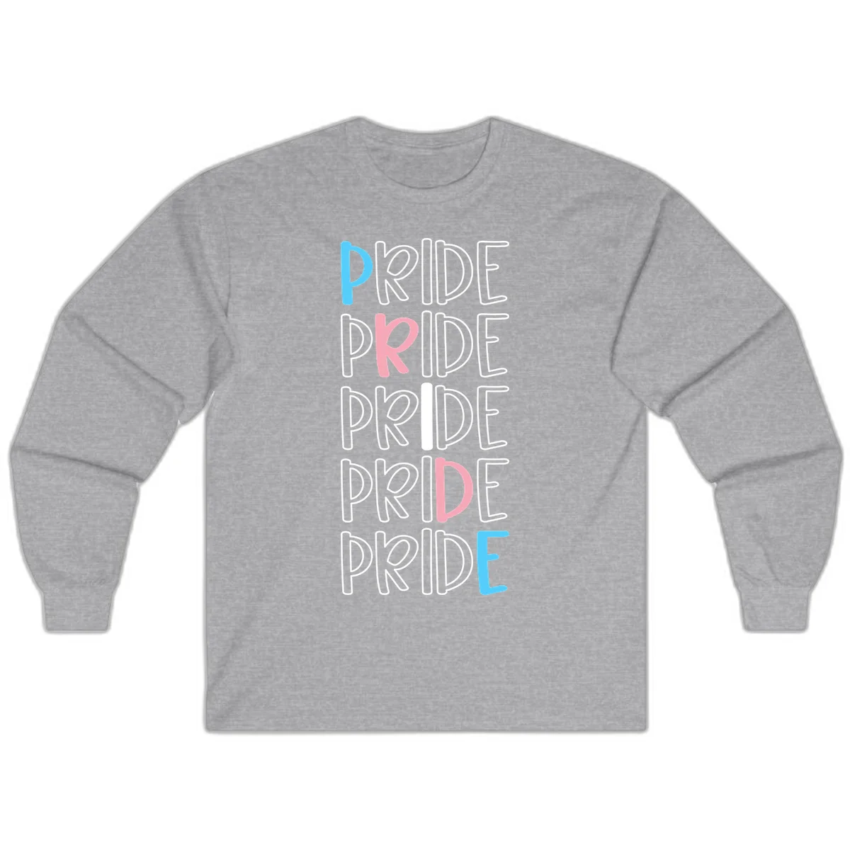 Pride stacked lettering design with the word PRIDE repeated vertically in outlined text with cyan blue and pink accent colors on gray background in Sport Grey
