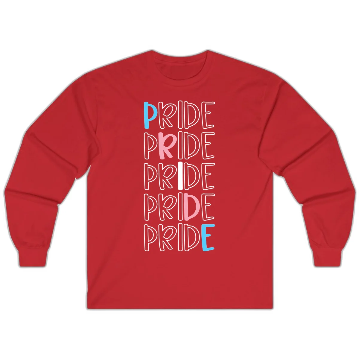 Pride stacked lettering design with the word PRIDE repeated vertically in outlined text with cyan blue and pink accent colors on gray background in Red