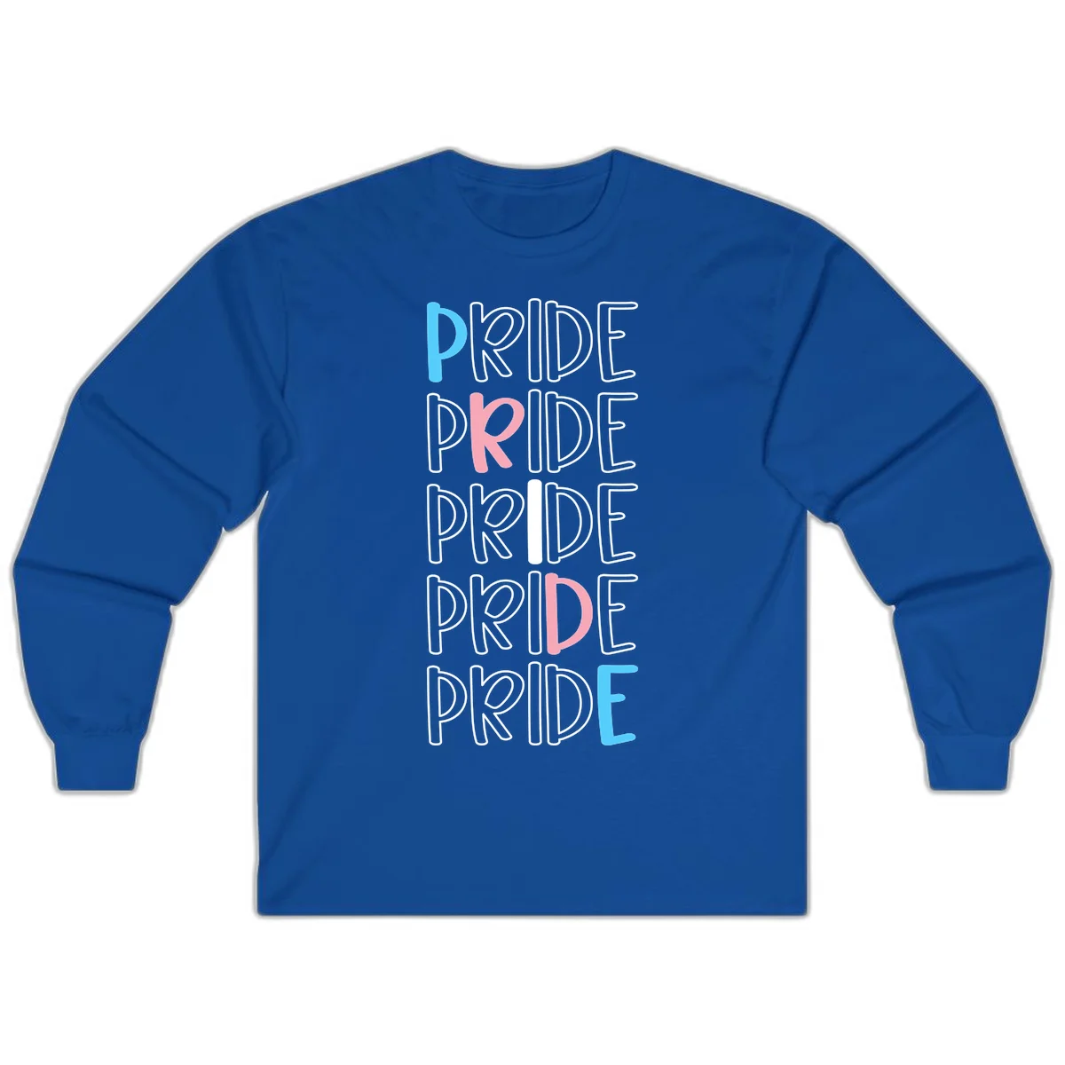 Pride stacked lettering design with the word PRIDE repeated vertically in outlined text with cyan blue and pink accent colors on gray background in Royal
