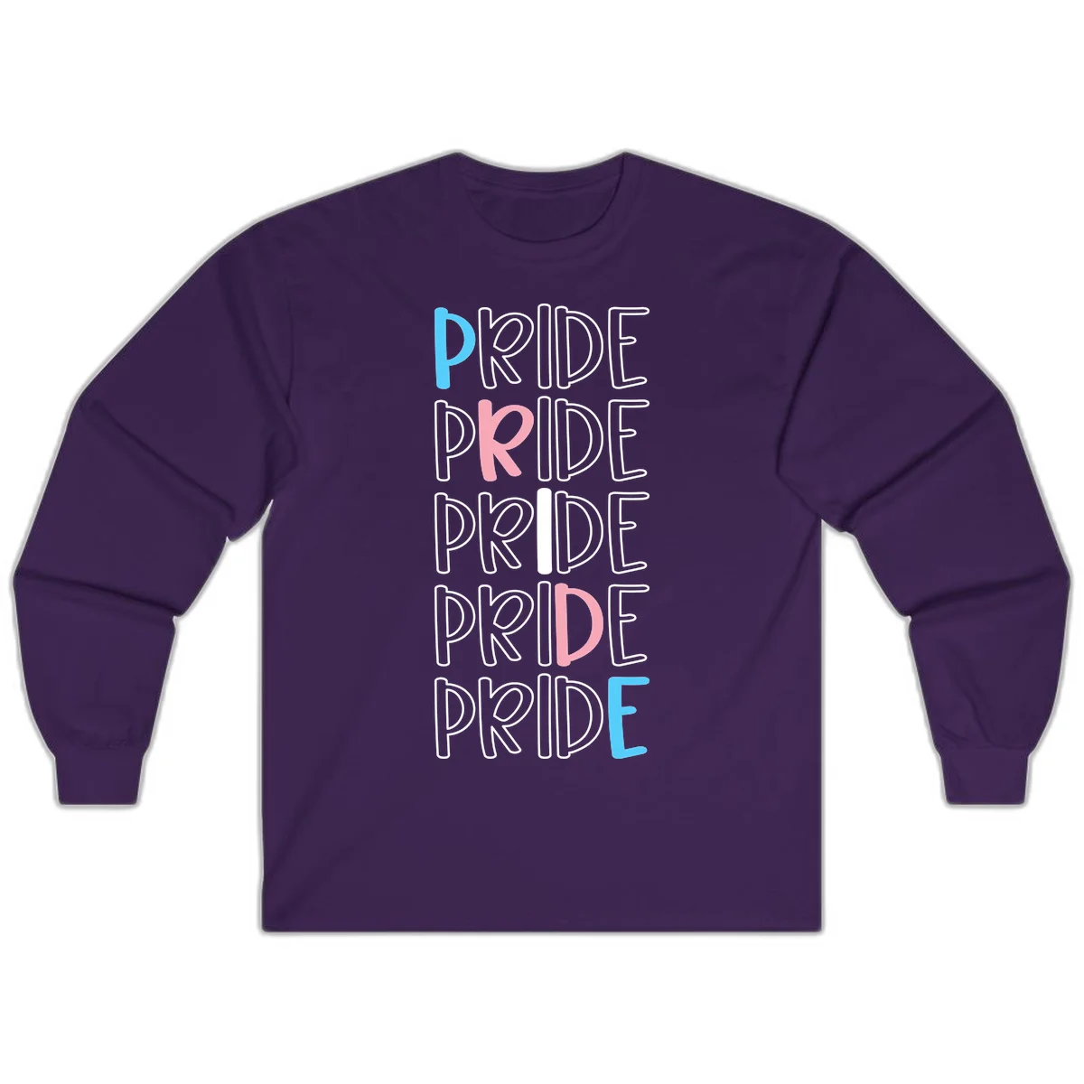 Pride stacked lettering design with the word PRIDE repeated vertically in outlined text with cyan blue and pink accent colors on gray background in Purple