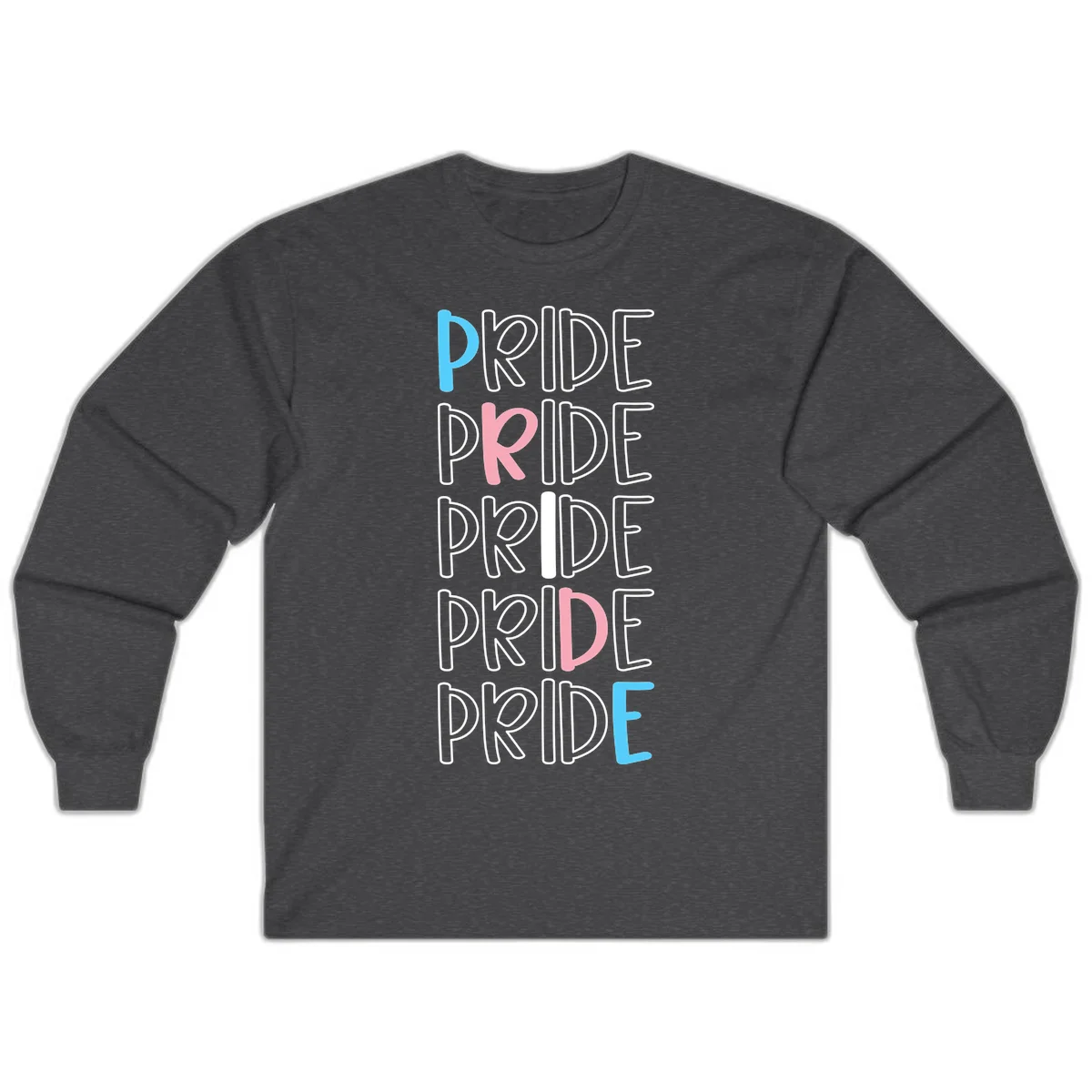 Pride stacked lettering design with the word PRIDE repeated vertically in outlined text with cyan blue and pink accent colors on gray background in Dark Heather