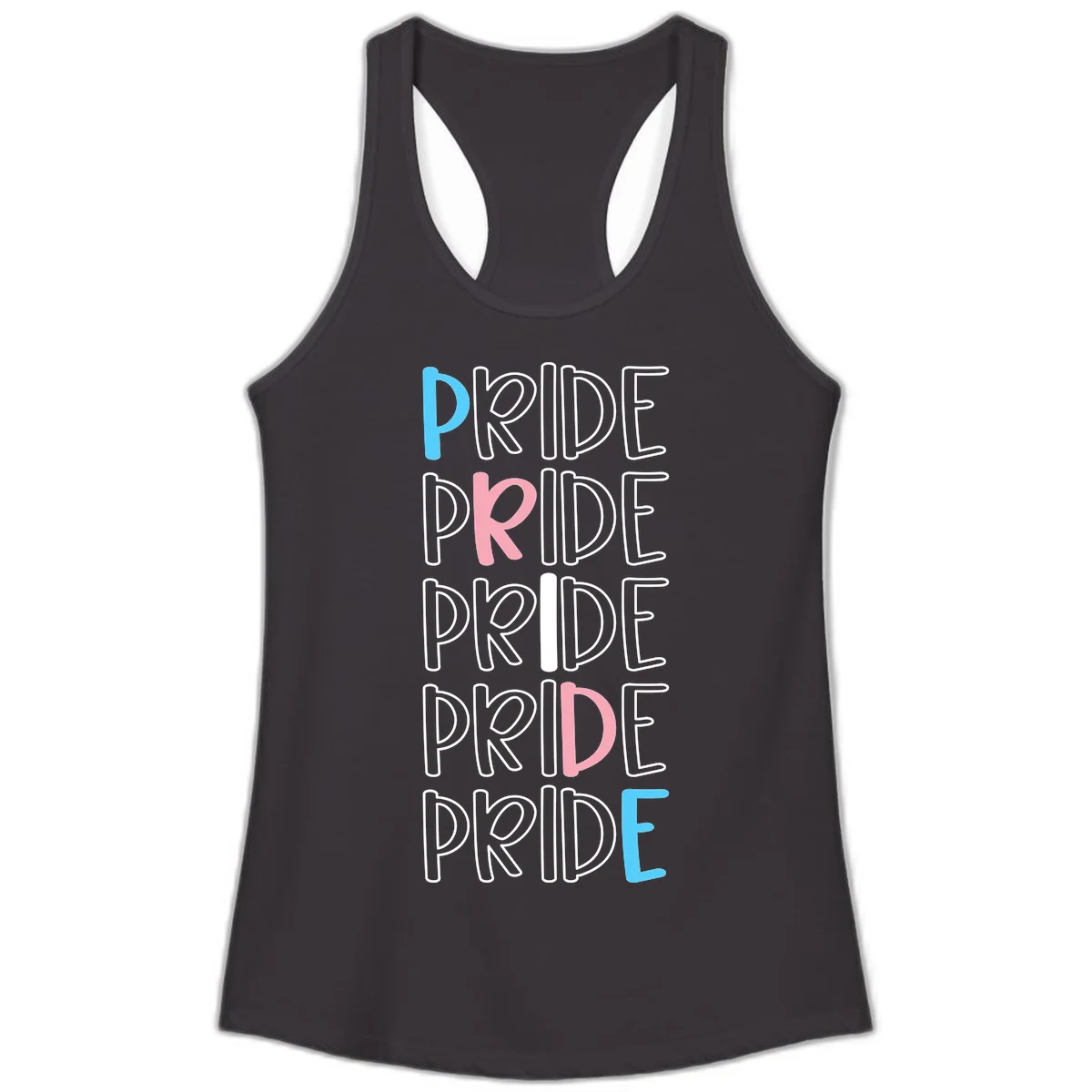 Pride stacked lettering design with the word PRIDE repeated vertically in outlined text with cyan blue and pink accent colors on gray background in Black
