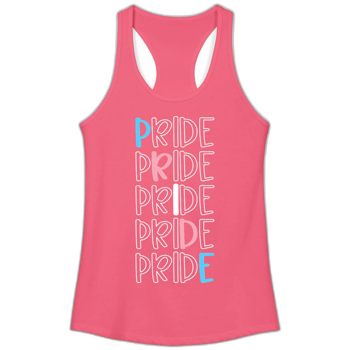 Pride stacked lettering design with the word PRIDE repeated vertically in outlined text with cyan blue and pink accent colors on gray background in Hot Pink