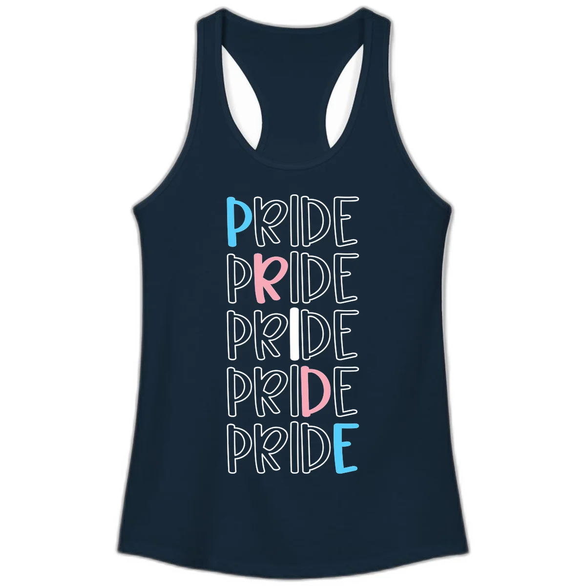 Pride stacked lettering design with the word PRIDE repeated vertically in outlined text with cyan blue and pink accent colors on gray background in Solid Midnight Navy